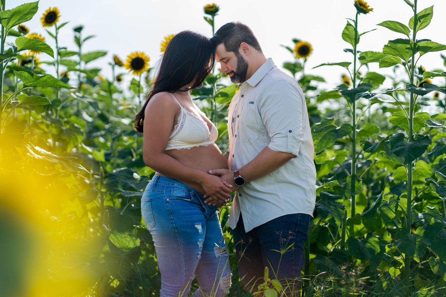 Romantic maternity session in Homestead, capturing an intimate embrace surrounded by tall, golden sunflowers.