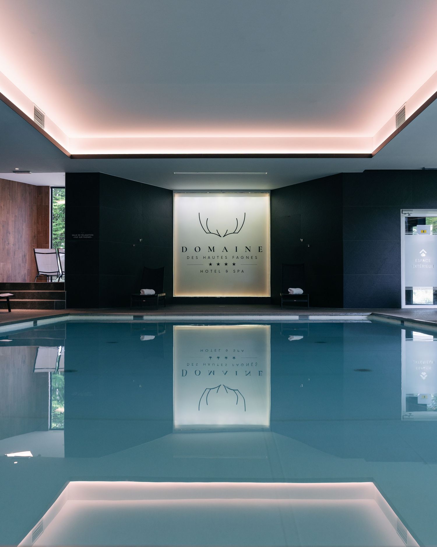 Luxury indoor pool at Domaine hotel with ambient lighting and dark elegant decor.