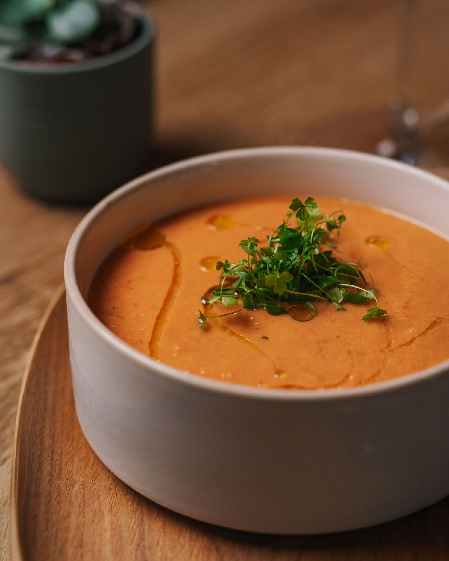 Close-up of creamy orange soup topped with fresh microgreens served in a white bowl on wood tray.