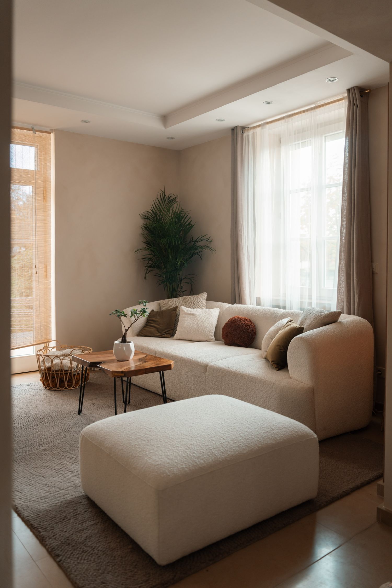 Modern minimalist living room with white boucle sofa, wood coffee table, and palm plant.