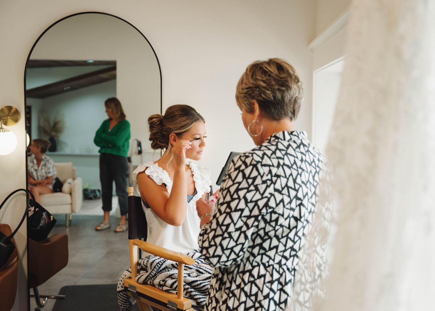 Behind-the-scenes collage showing wedding day preparation moments in a bright indoor setting.