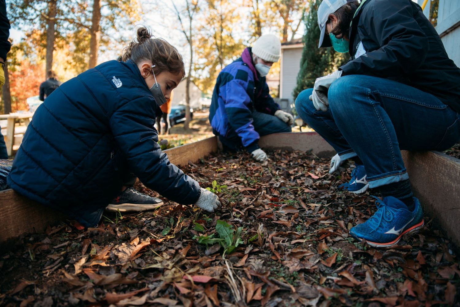 Children exploring and playing in fallen autumn leaves.