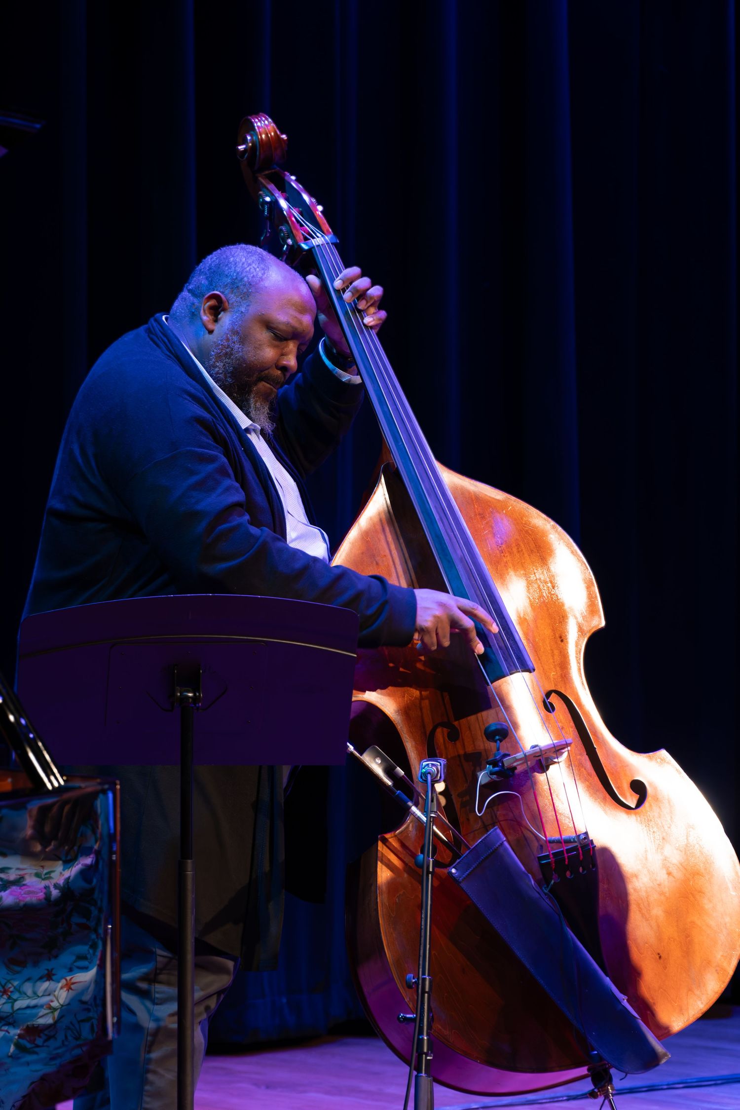 Double bass player performs on darkened stage with dramatic blue lighting.