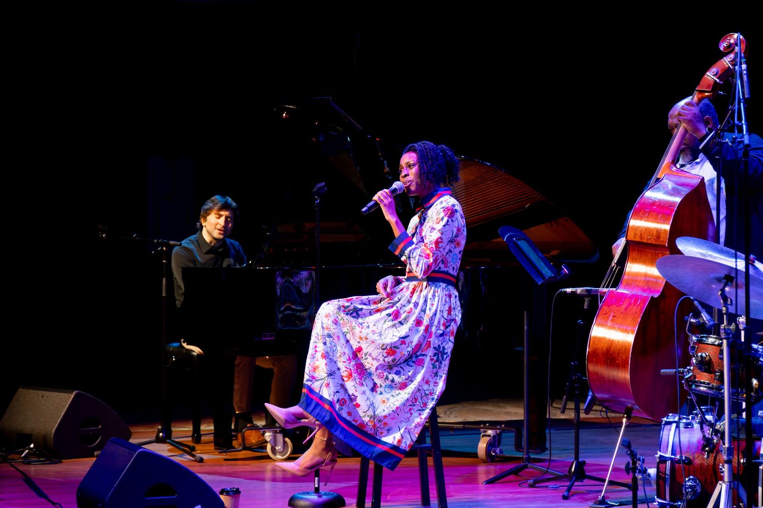Musicians perform on stage with upright bass and piano during a jazz concert under dramatic purple lighting.