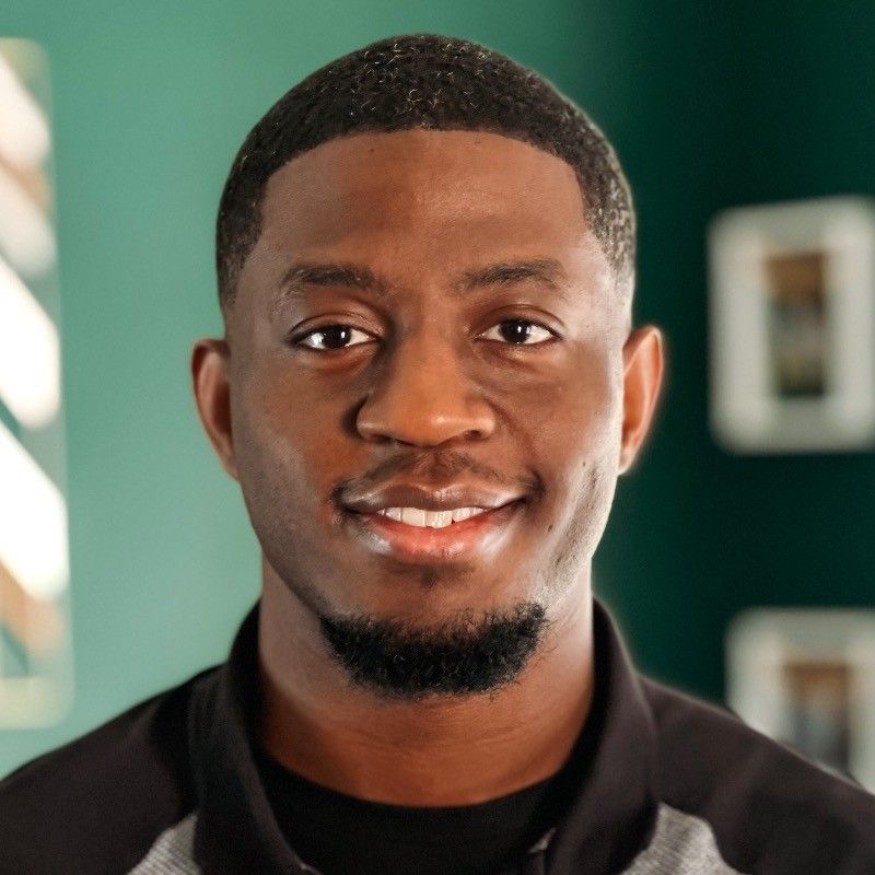 Professional headshots of someone in casual attire against a teal background.