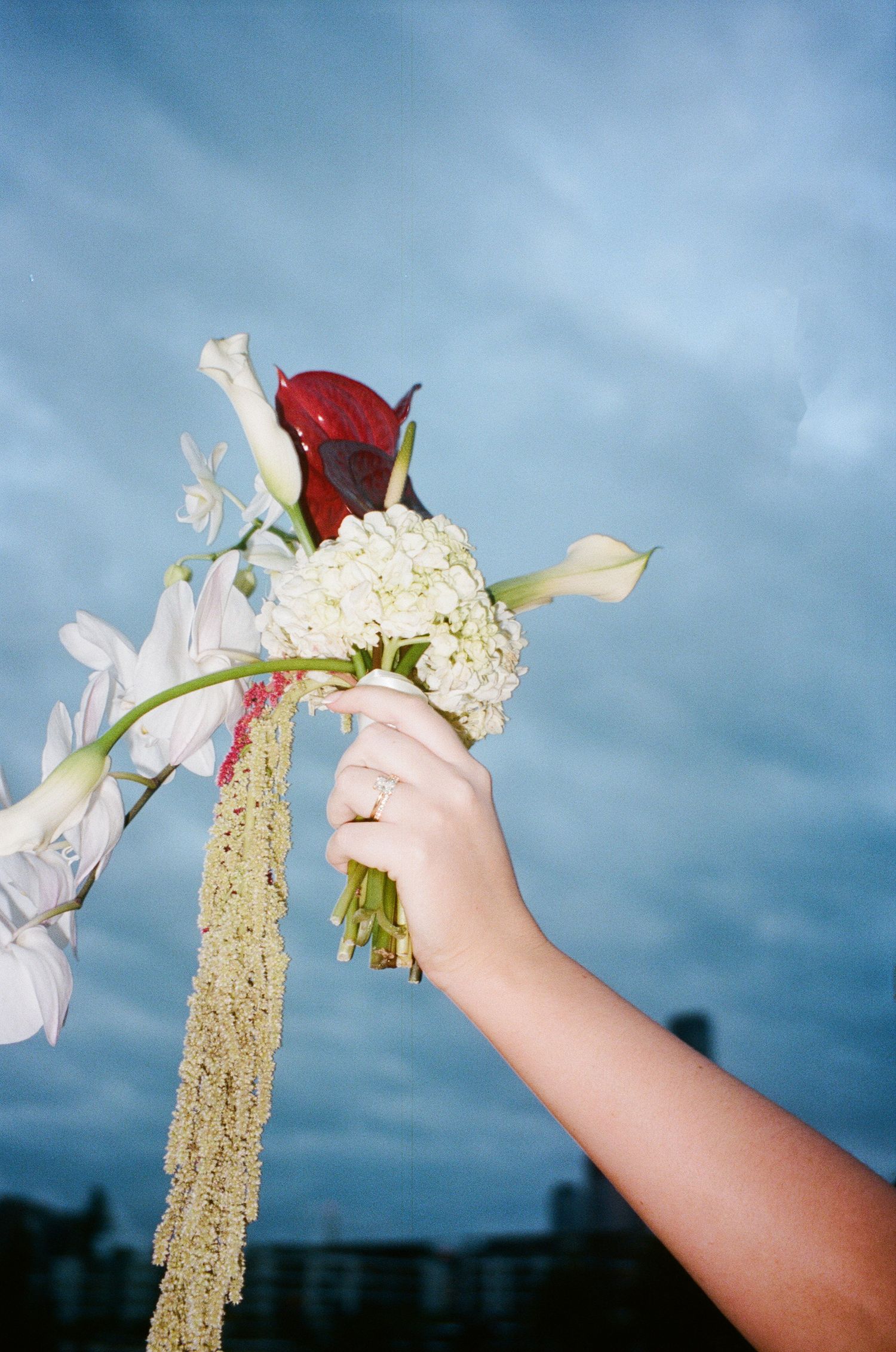 Hands holding a wedding bouquet with red roses against a dramatic blue cloudy sky background.