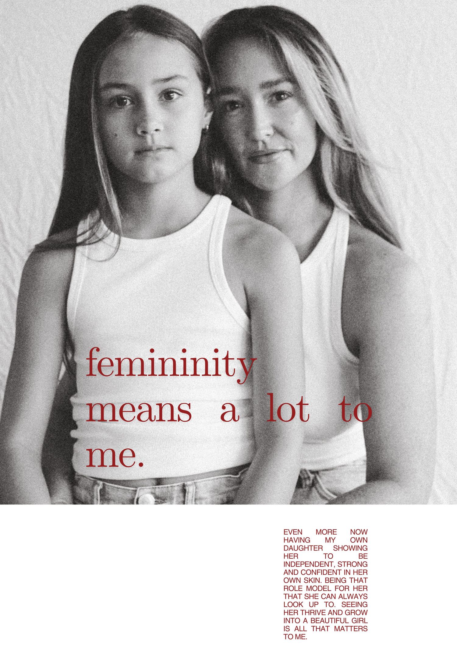 A series of black and white portraits with text 'femininity means a lot to me' displayed across multiple panels.