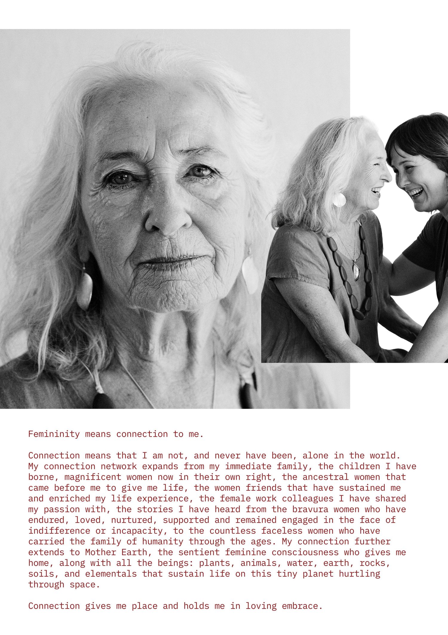 A series of black and white artistic portraits arranged in a row with accompanying text about connection and family below.