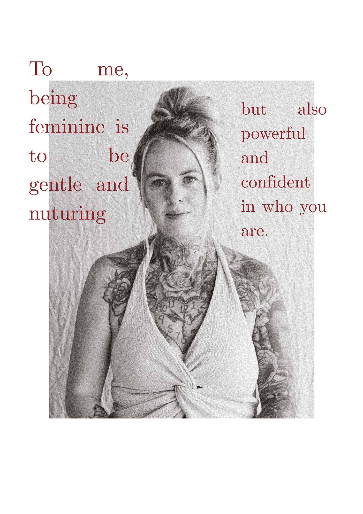 Black and white portrait photograph showing a person with tattoos wearing a light colored sleeveless top.