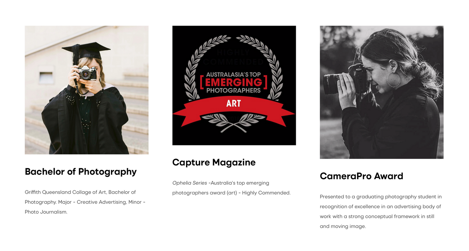 Professional photography certifications and awards displayed in black and white images with logos.