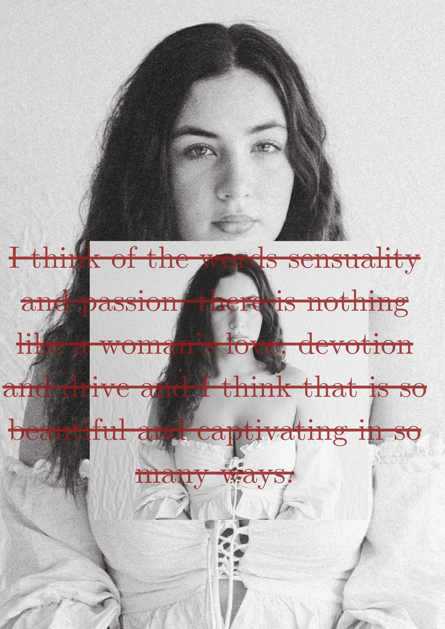 Black and white portrait photograph with crossed out red text overlay on a light background.