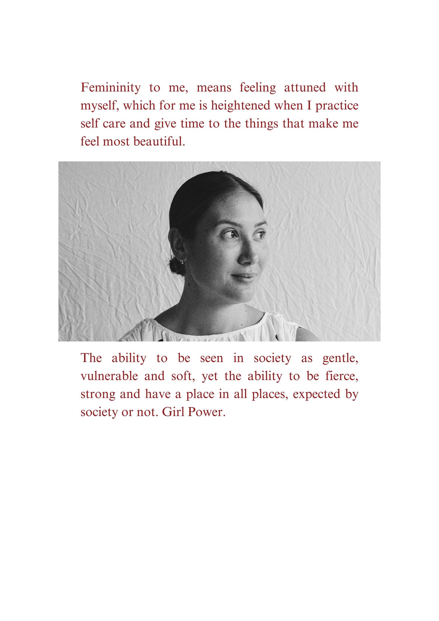 A black and white collage of women's portraits with text about femininity and self-expression.
