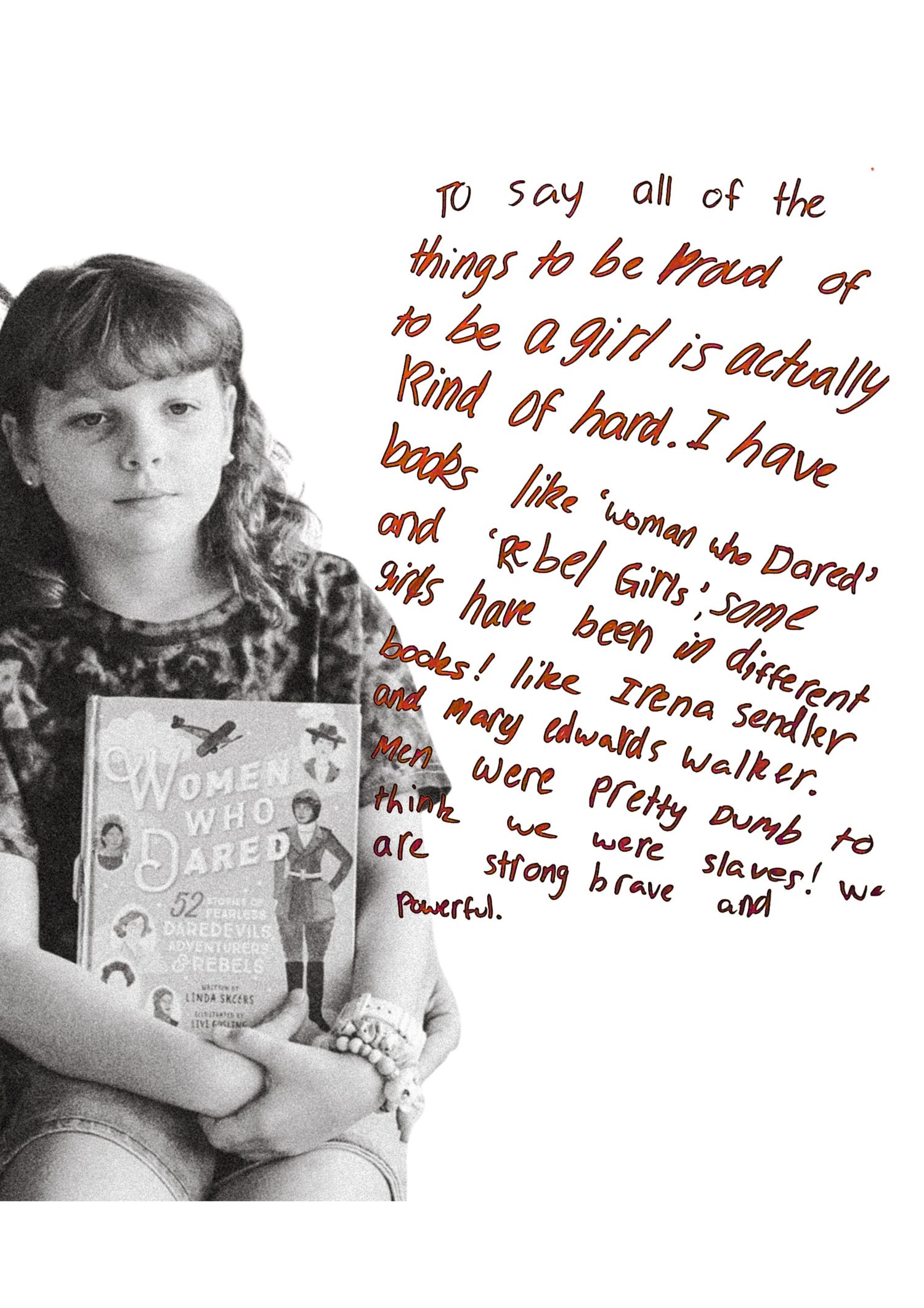 Black and white photo showing a child holding a book with handwritten text overlaid on the right side of the image.