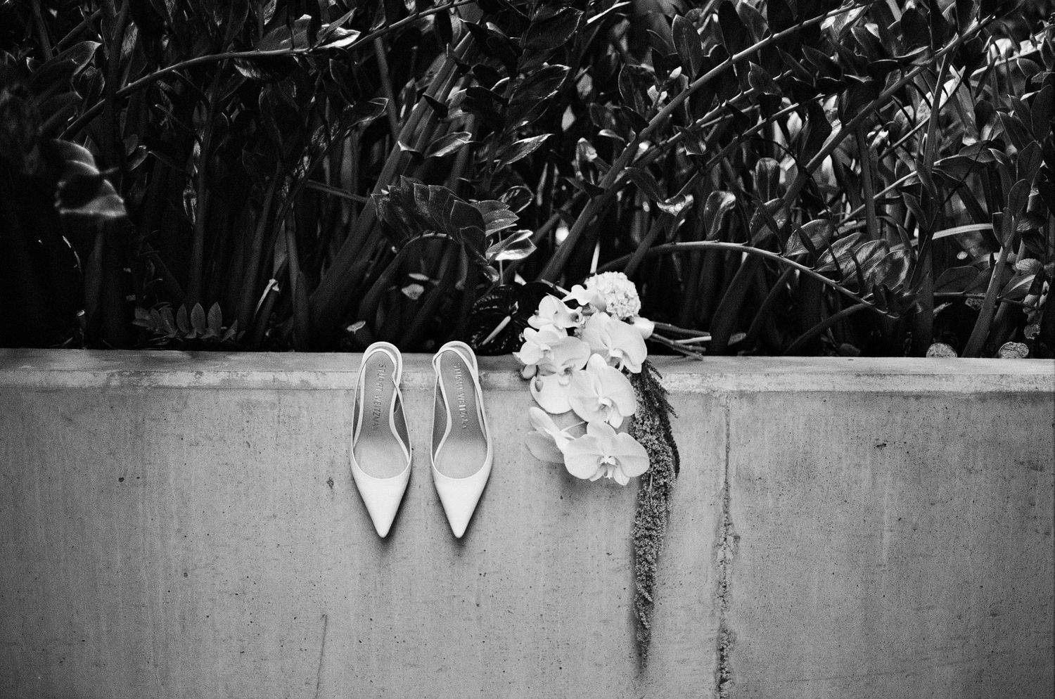 A pair of elegant white bridal wedding shoes sits on a concrete ledge with flowers in the background.