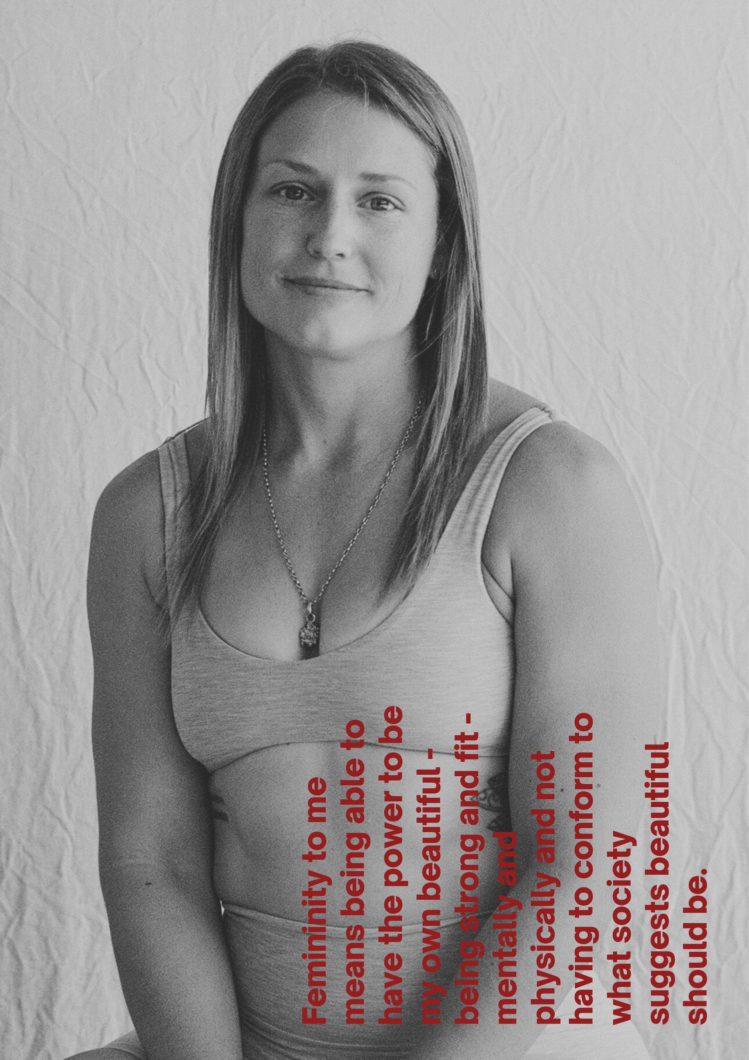 Black and white portrait series showing a person in a gray tank top against a white textured wall.