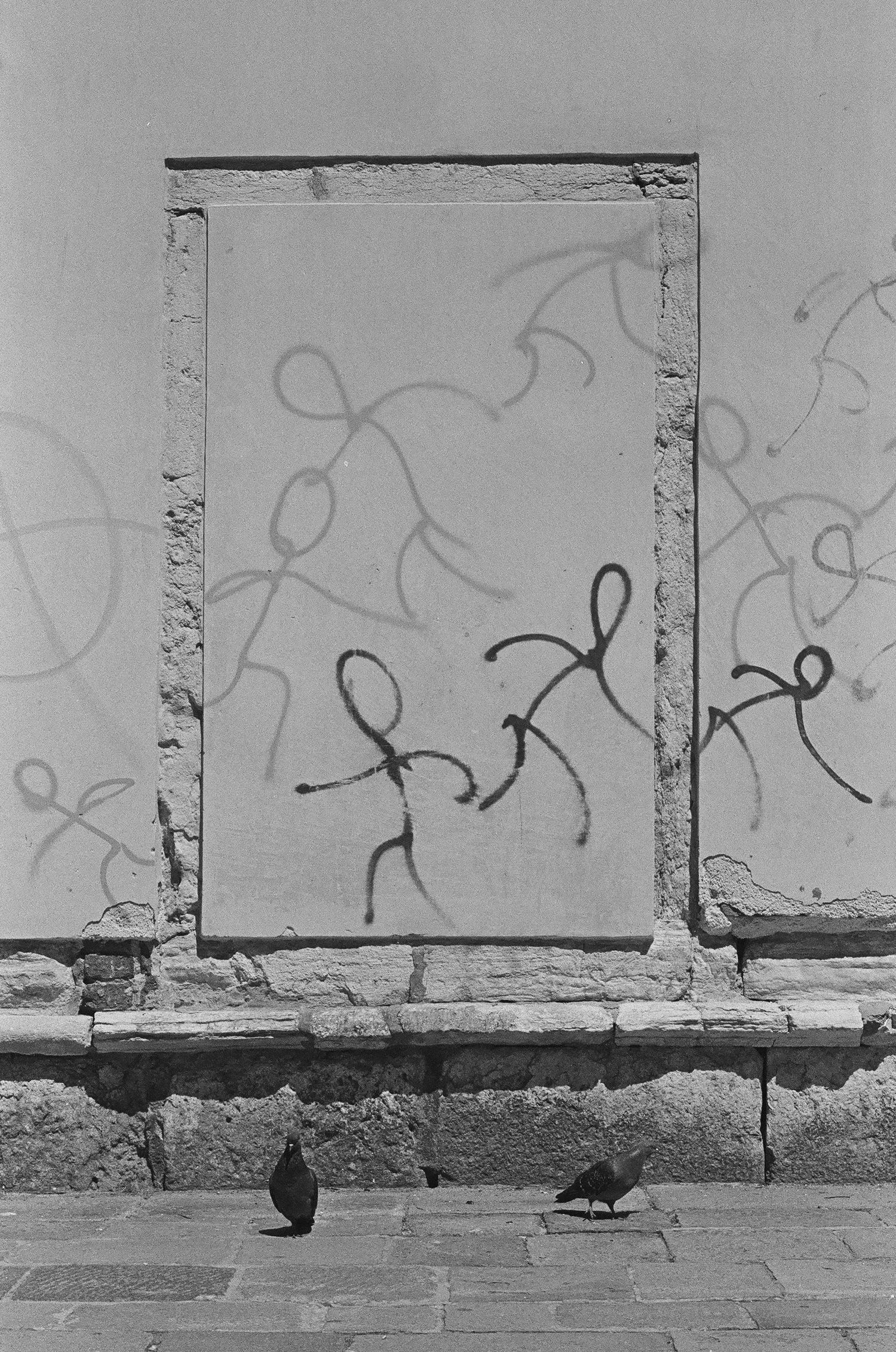 Simple stick figure graffiti on weathered wall with birds below.