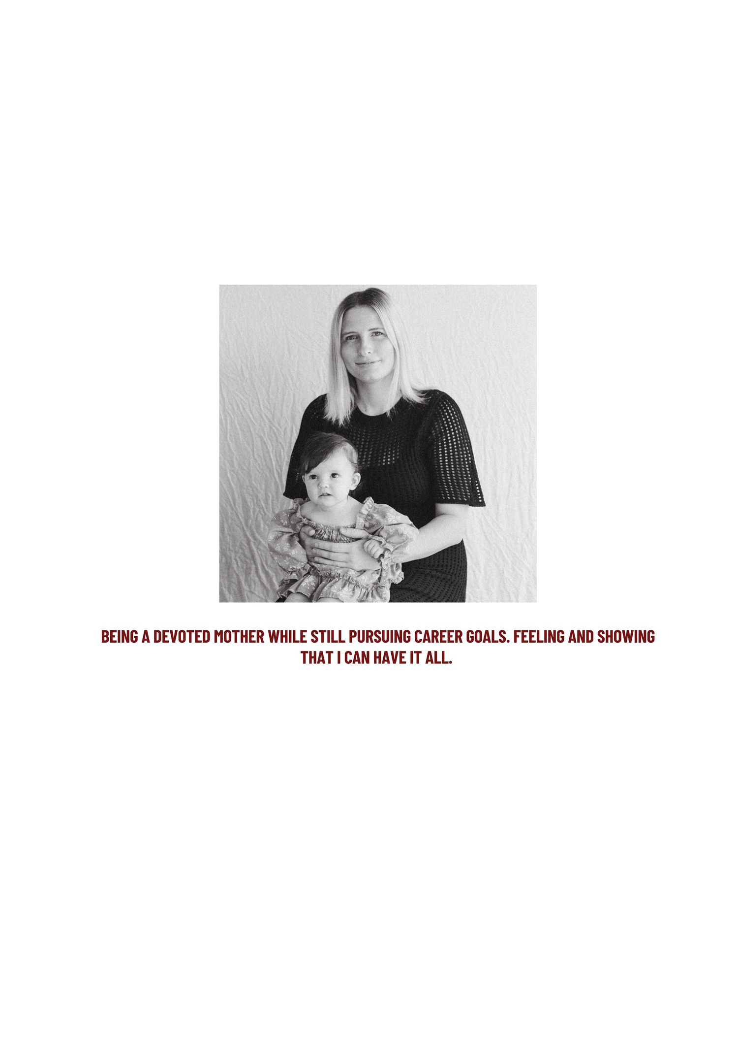 Black and white photo series showing a parent holding a baby while balancing career and family responsibilities.