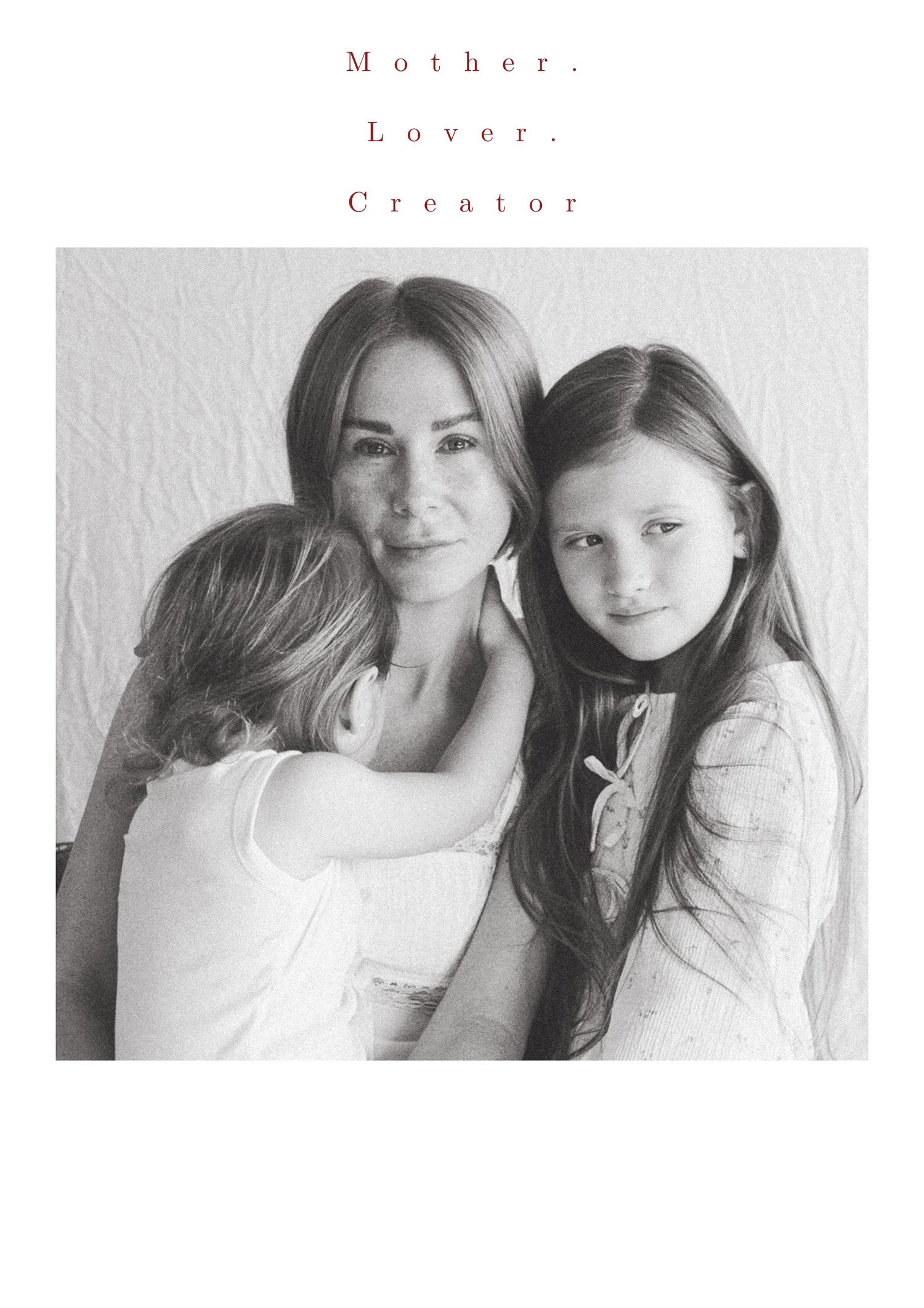 Black and white portrait showing tender moment between parent and child with text reading Mother Lover Creator above.