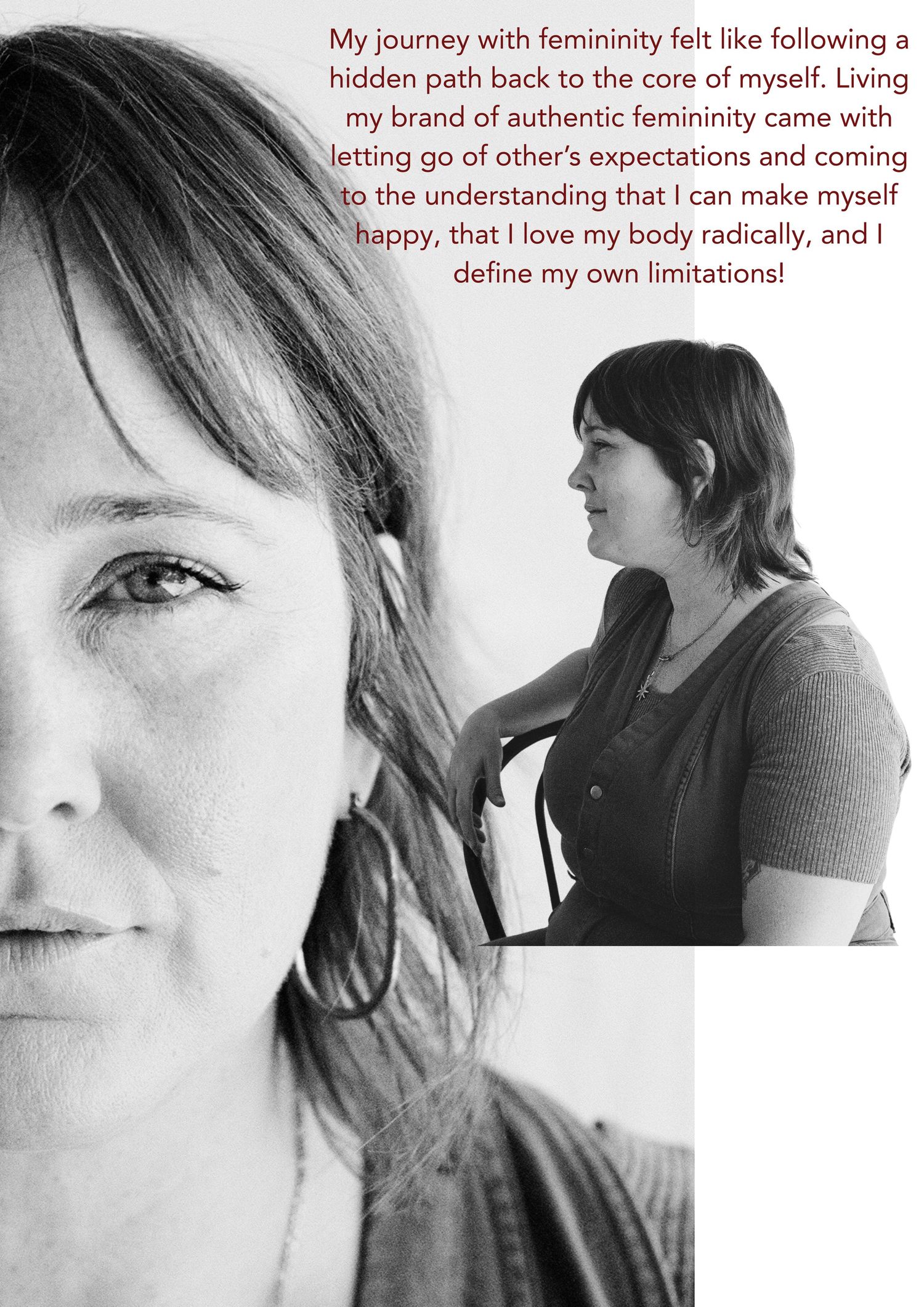Black and white artistic photo series showing three profile views with text about personal journey and femininity.