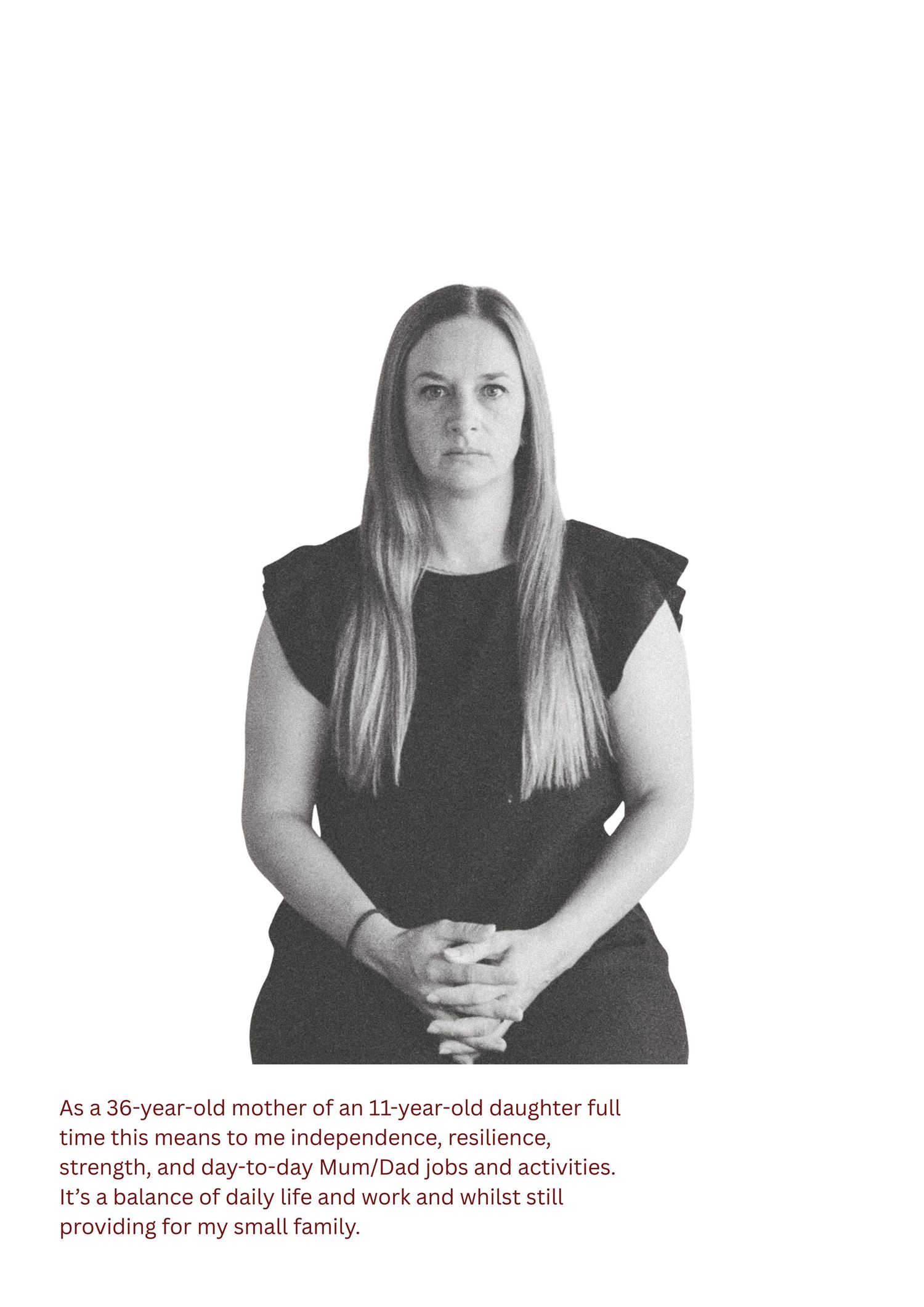 Black and white photo series showing a woman in casual attire sitting in different poses against a white background.