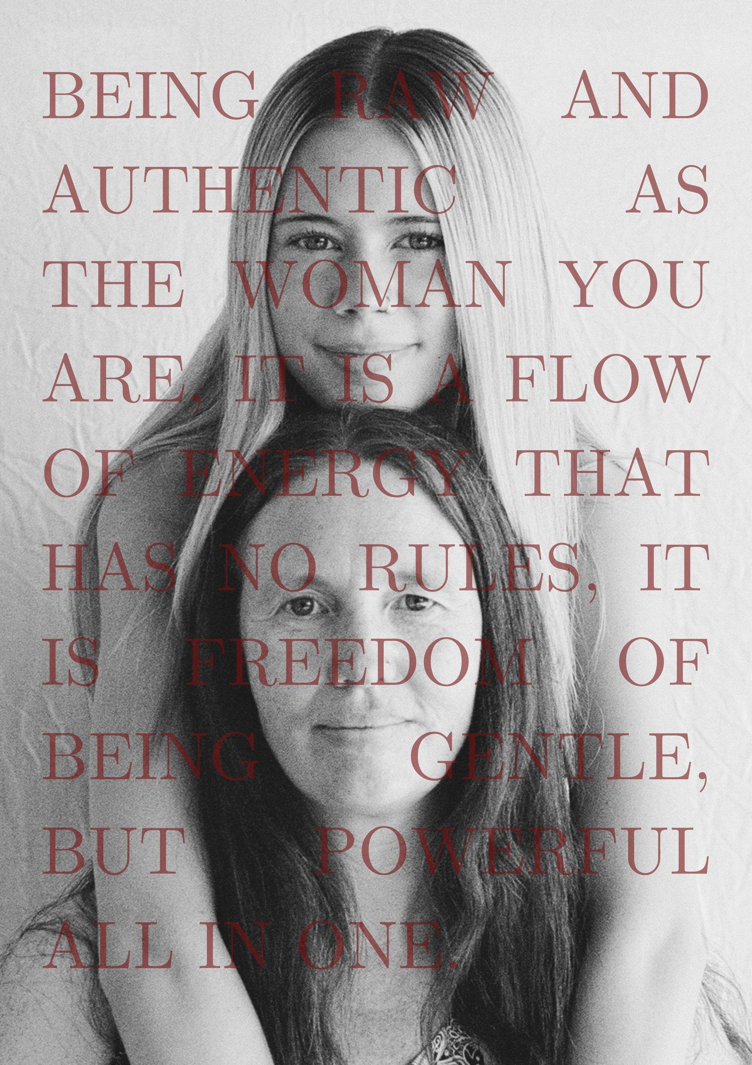 A series of four black and white portraits with overlaid text in red discussing authenticity and freedom.