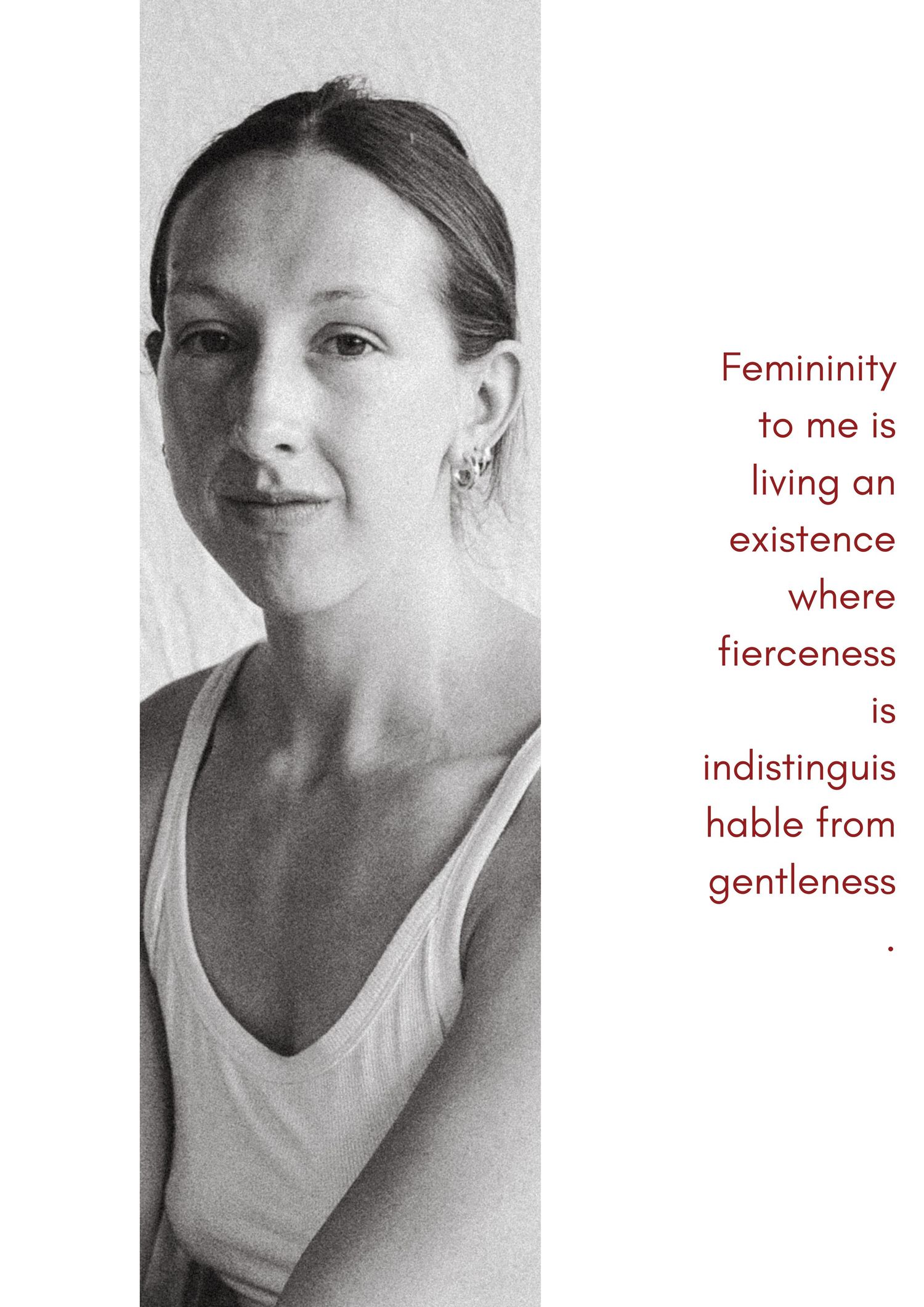 A series of black and white portraits with overlaid text about femininity, fierceness and gentleness.
