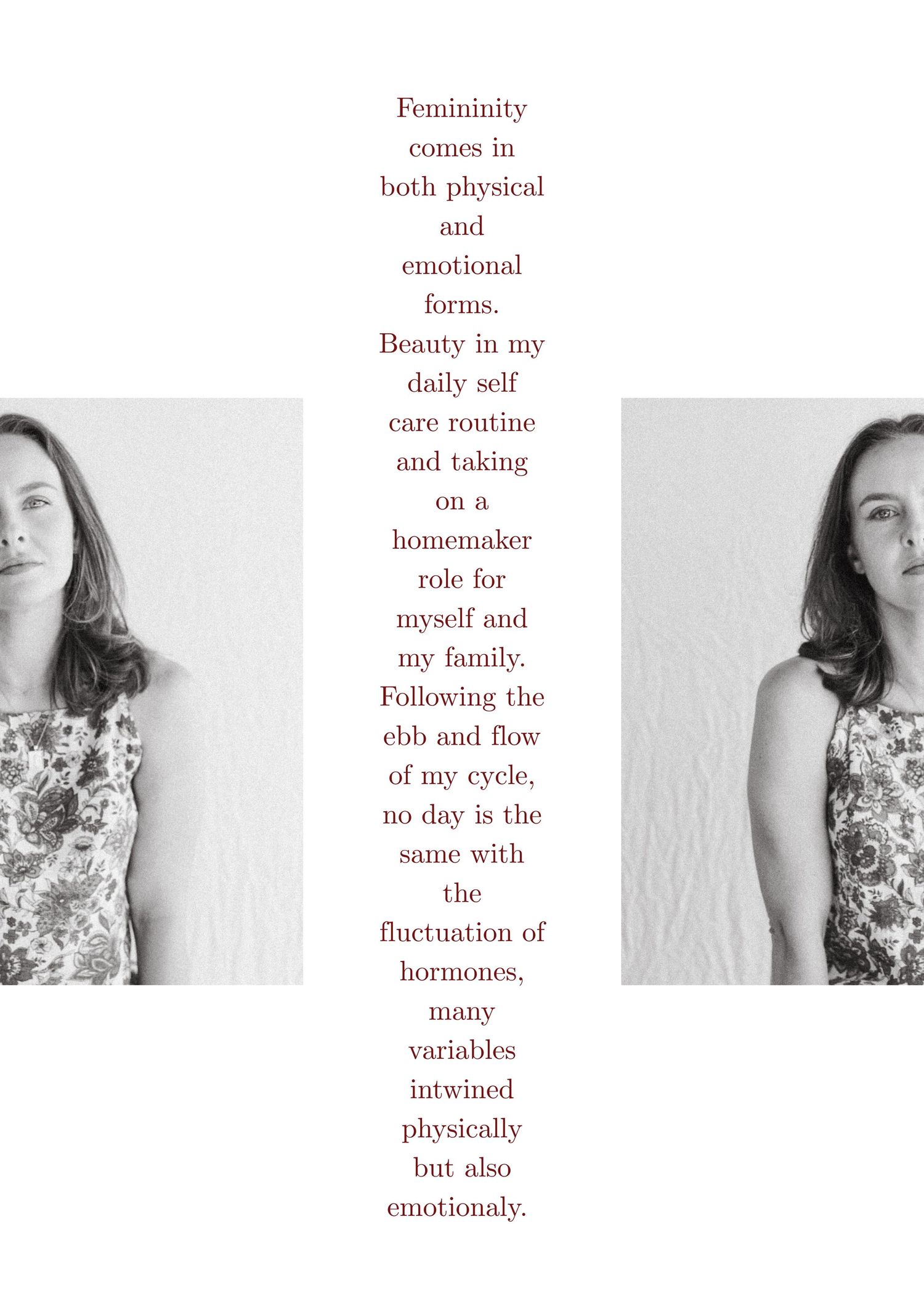 A series of black and white artistic portraits showing a person in a floral top against a light background.