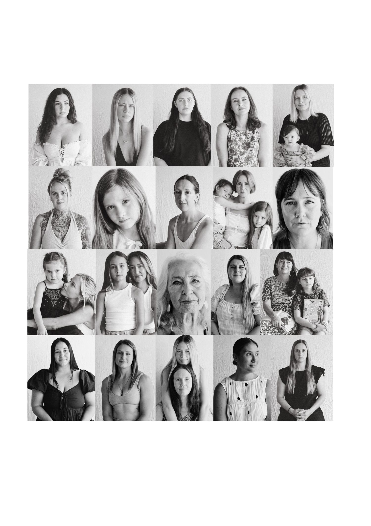 A collage of black and white portraits showing people against white backgrounds in similar poses.