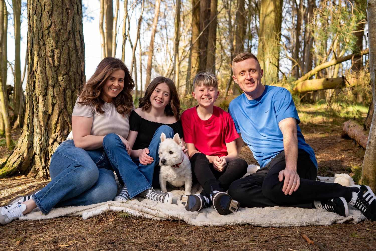 Family with children and their white dog relaxing on a blanket in a forest setting.