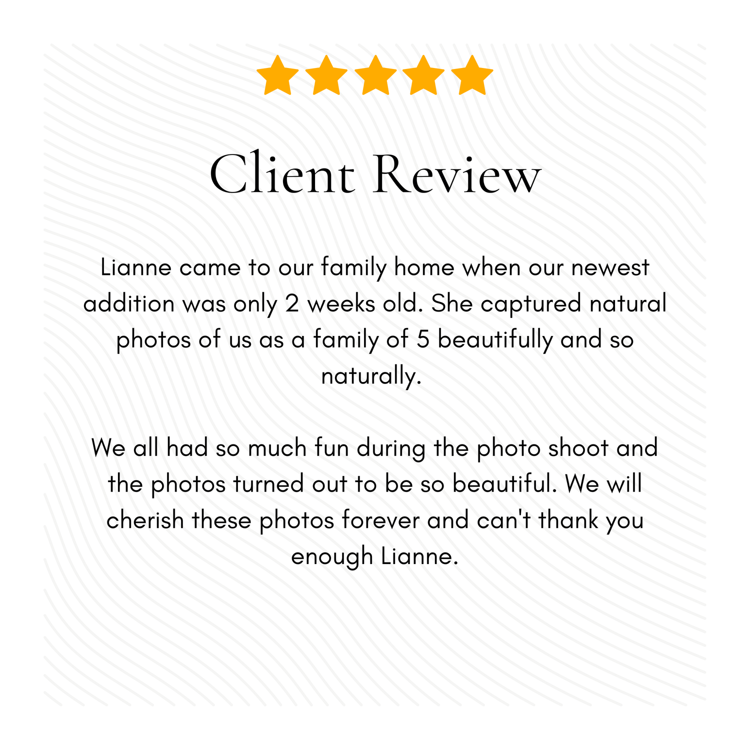 Five star client review testimonial with elegant typography and leaf design.