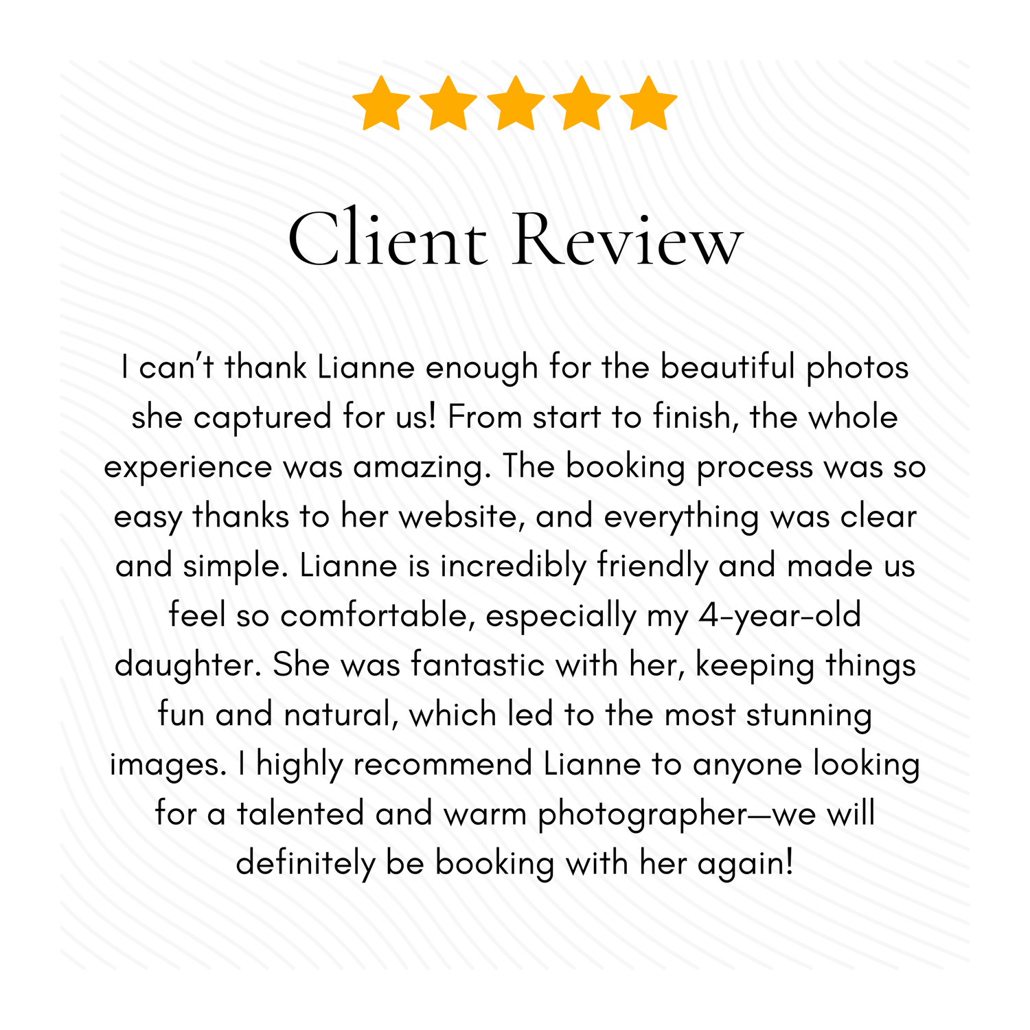 A 5-star client review praising a photographer's services and professionalism.