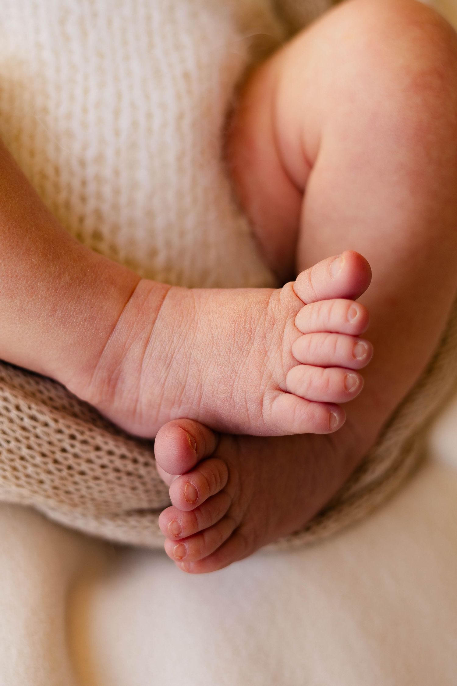 Close-up of tiny newborn baby feet against white knitted fabric.