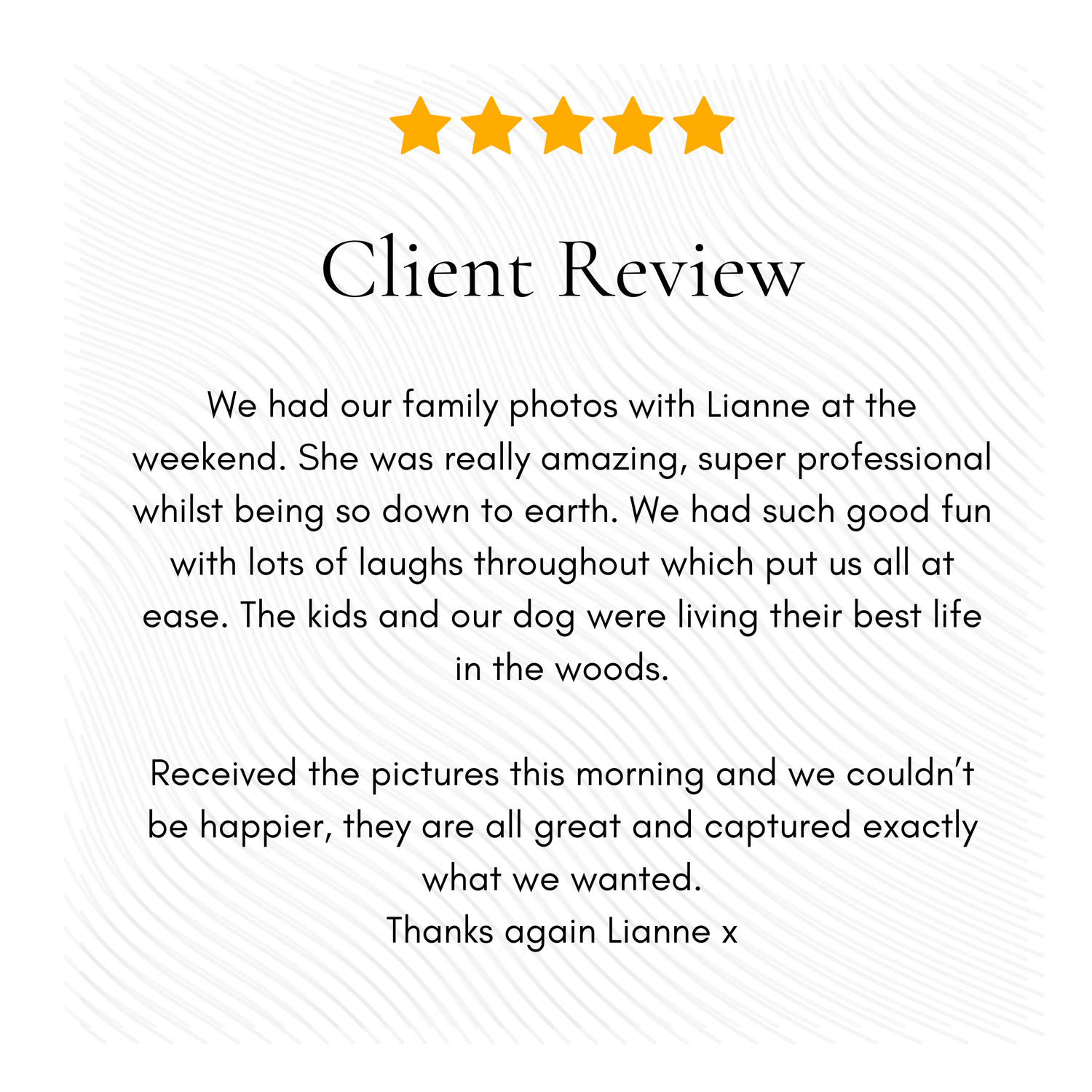Five star client review testimonial with elegant black text on white background.