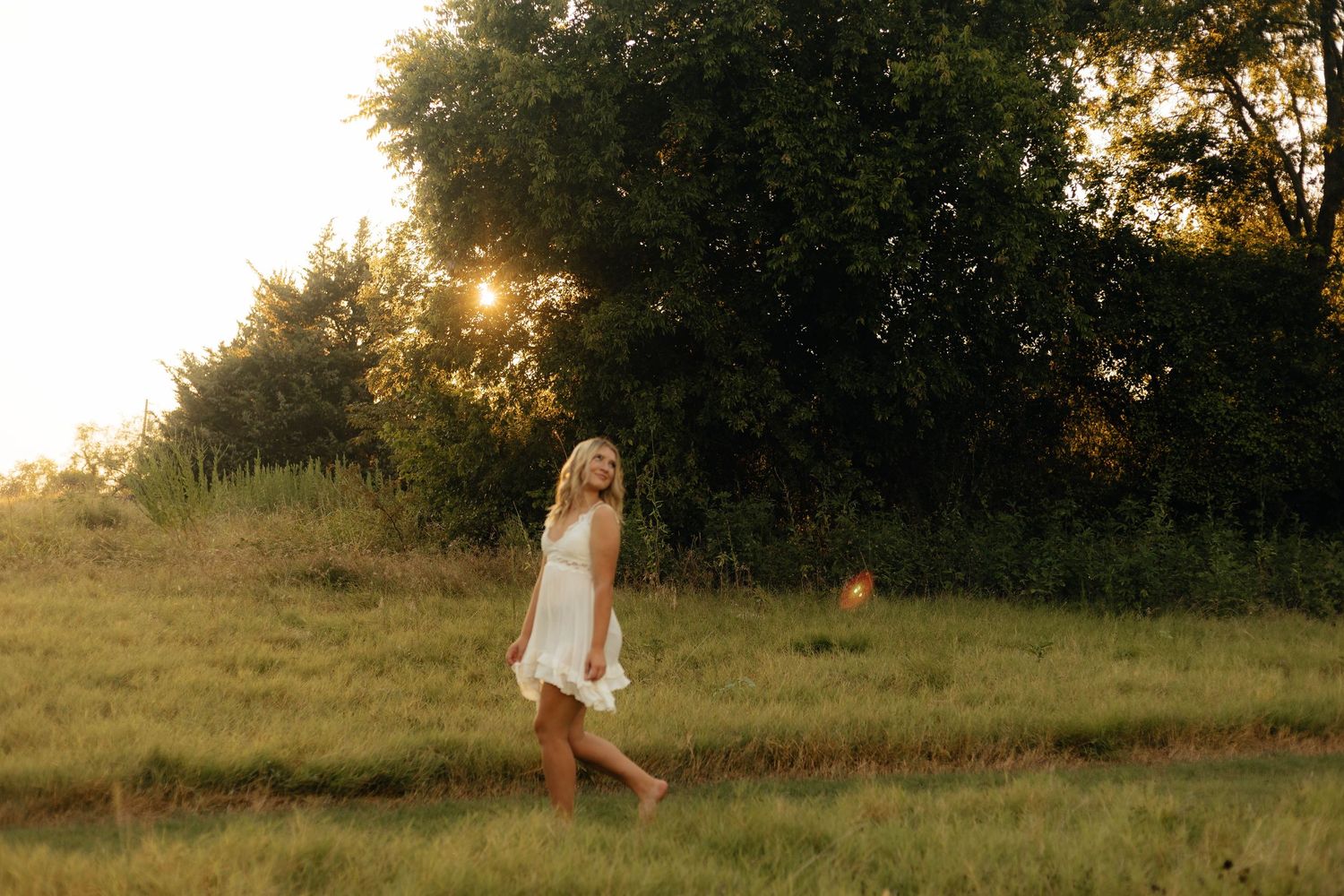 Silhouetted figures walk through a golden meadow at sunset.