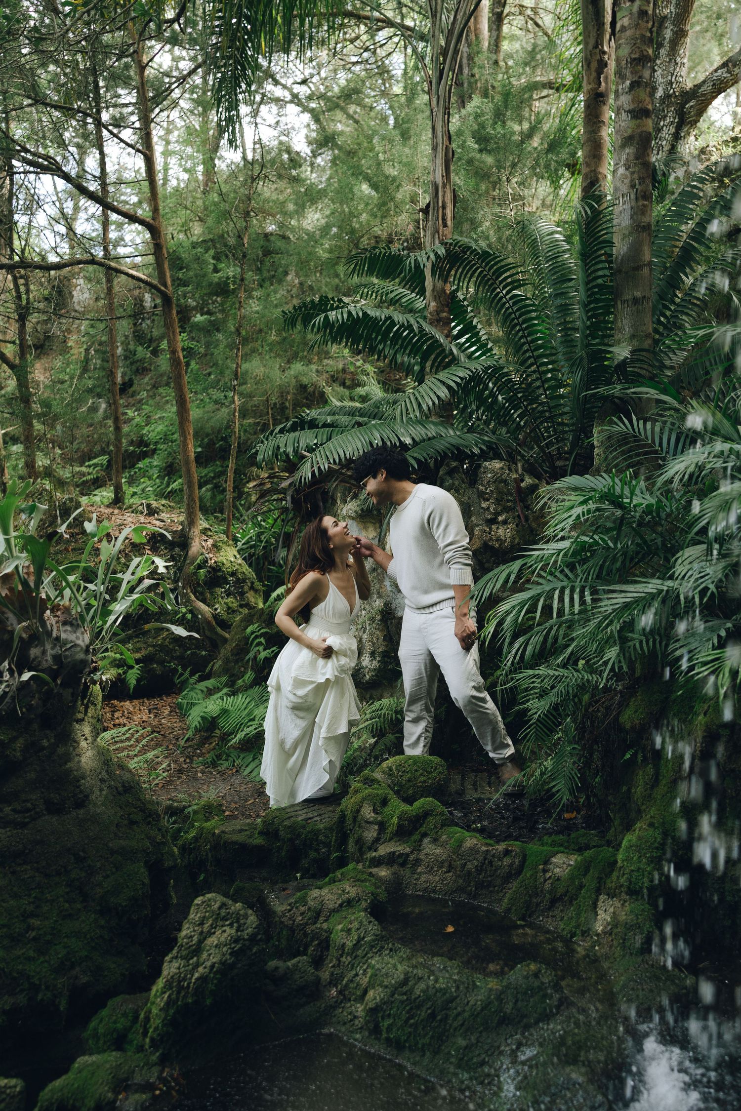 People explore a lush tropical forest with ferns and mossy rocks near a small waterfall.