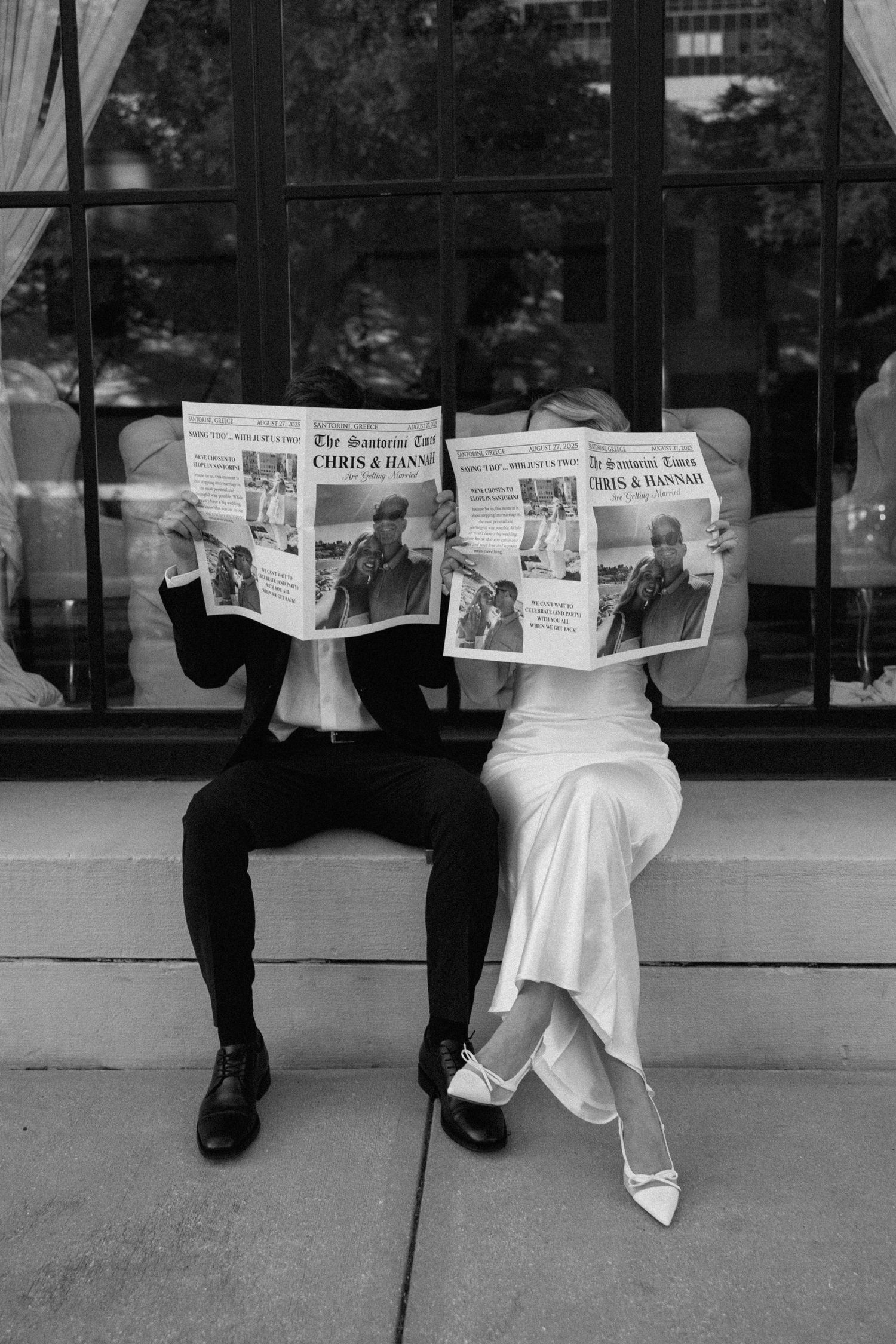 Black and white artistic photo series showing a couple in formal attire sitting and reading newspapers together.
