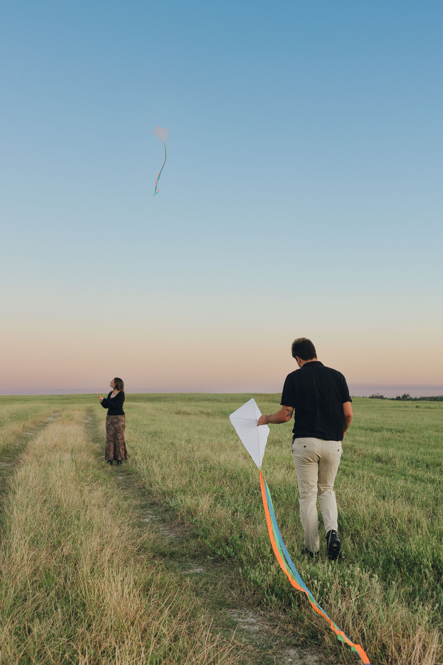 People flying kites in a vast green field during sunset with clear blue sky overhead.