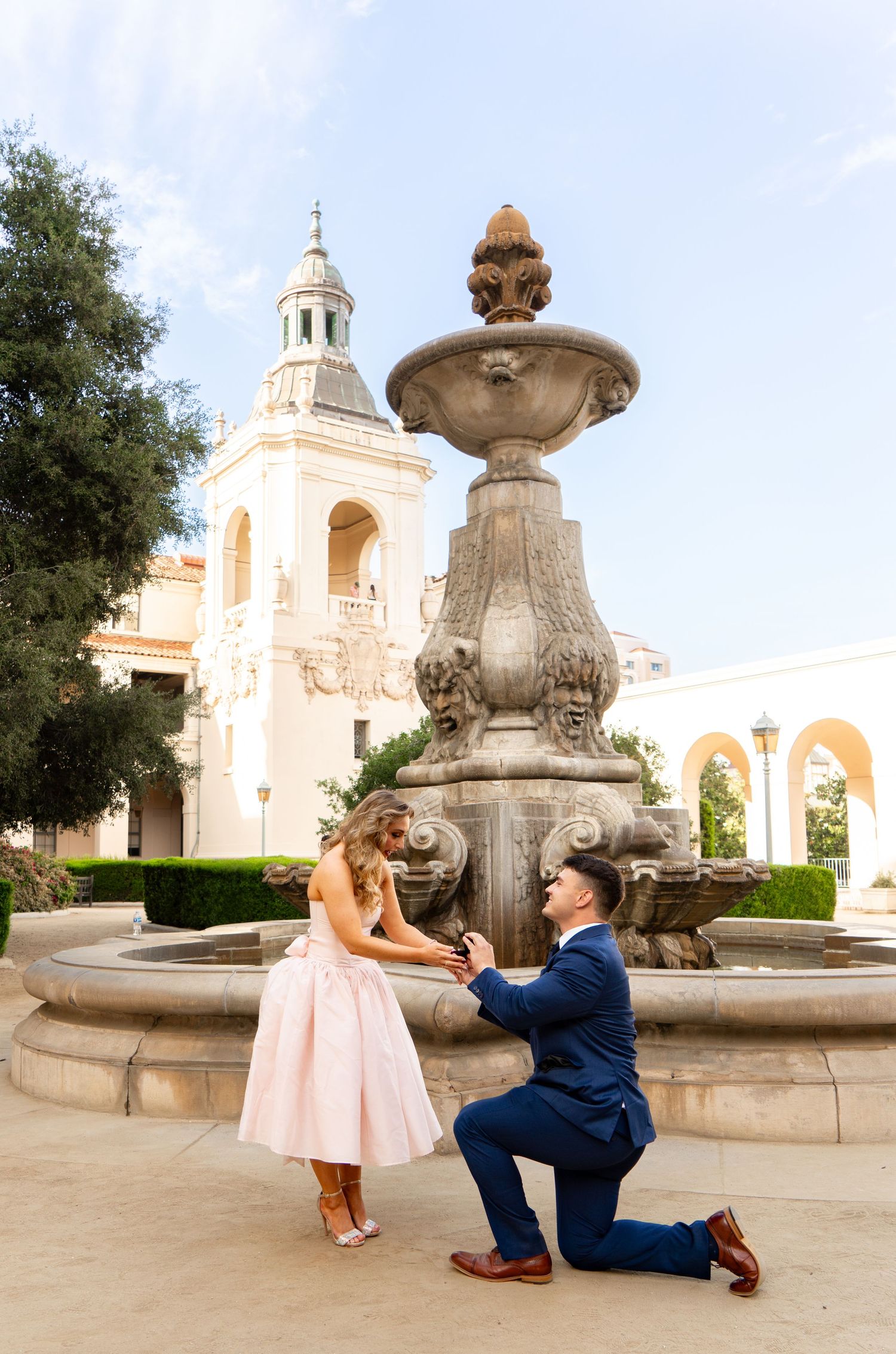 Newly engaged couple glowing with happiness on Pasadena City Hall stairs — love and new beginnings captured perfectly. #EngagementPhotos #Pa