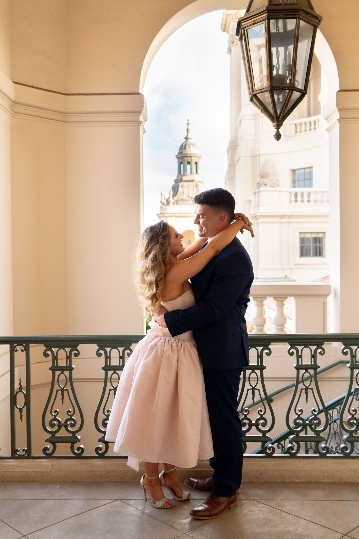 Romantic couple enjoying their engagement in Pasadena, capturing love, elegant scenery, and timeless Southern California charm.