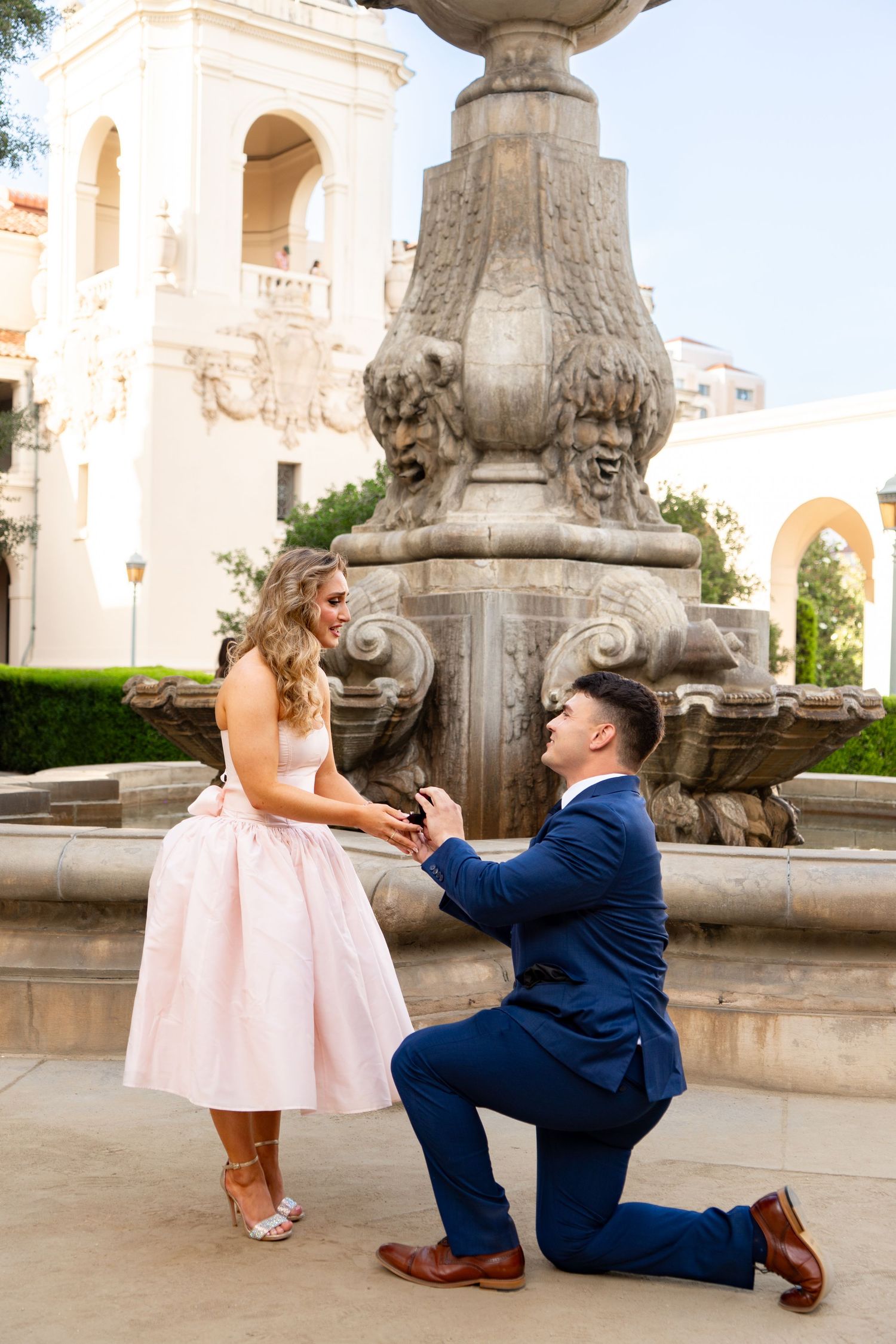 Newly engaged couple glowing with happiness on Pasadena City Hall stairs — love and new beginnings captured perfectly. #EngagementPhotos #Pa