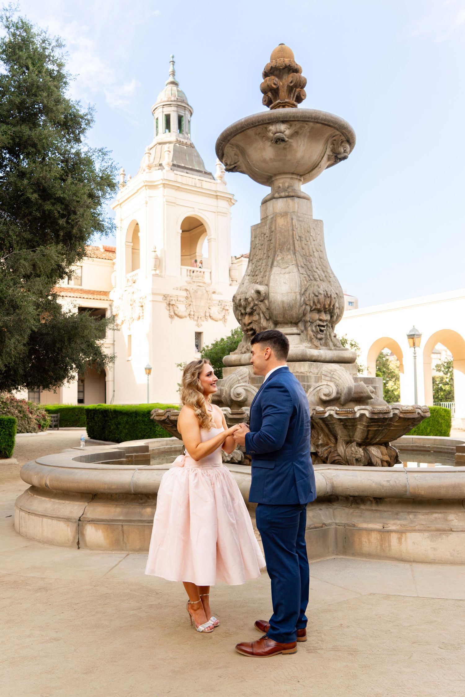 Romantic couple enjoying their engagement in Pasadena, capturing love, elegant scenery, and timeless Southern California charm.