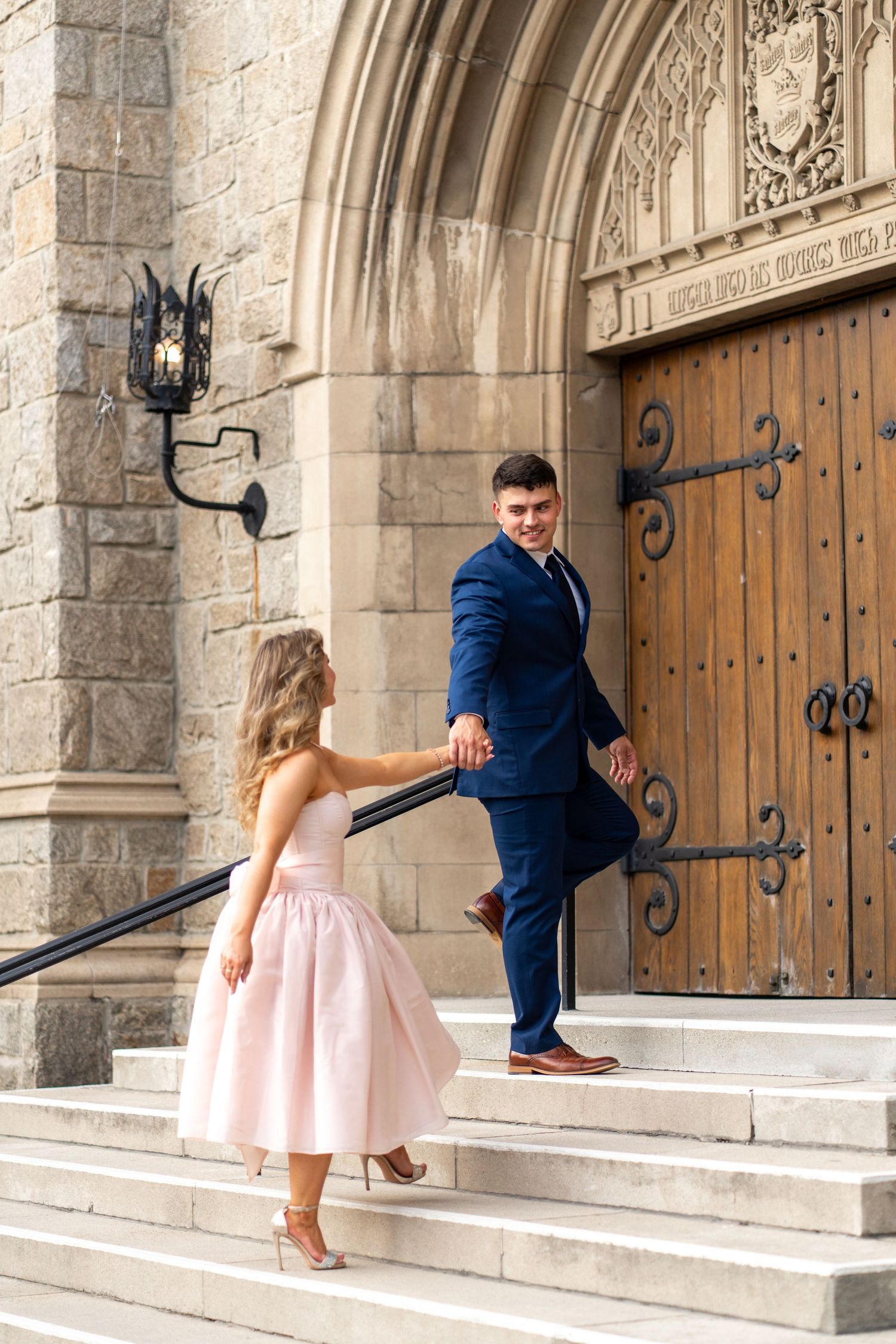 Newly engaged couple glowing with happiness on Pasadena City Hall stairs — love and new beginnings captured perfectly. #EngagementPhotos #Pa