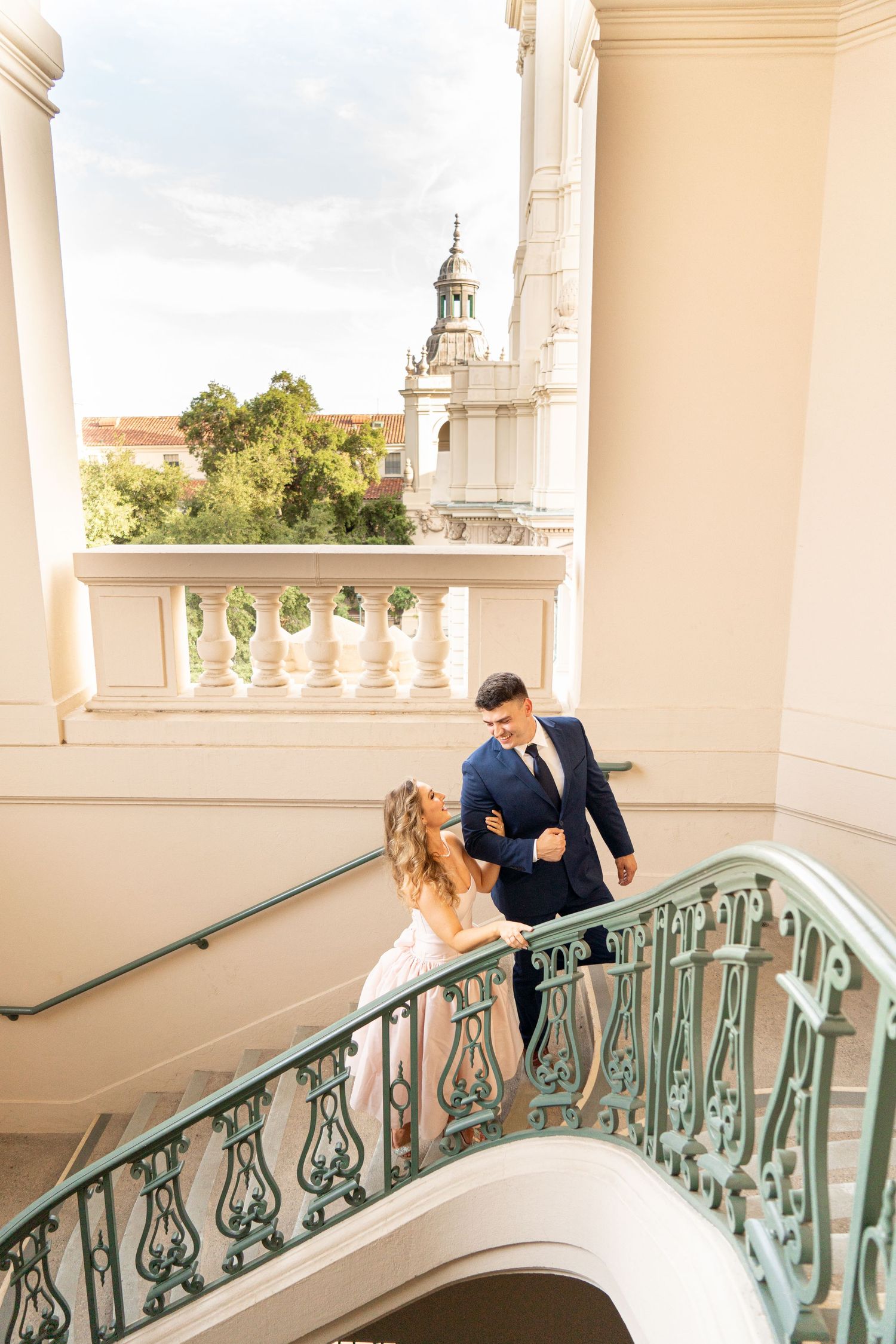 Romantic couple enjoying their engagement in Pasadena, capturing love, elegant scenery, and timeless Southern California charm.