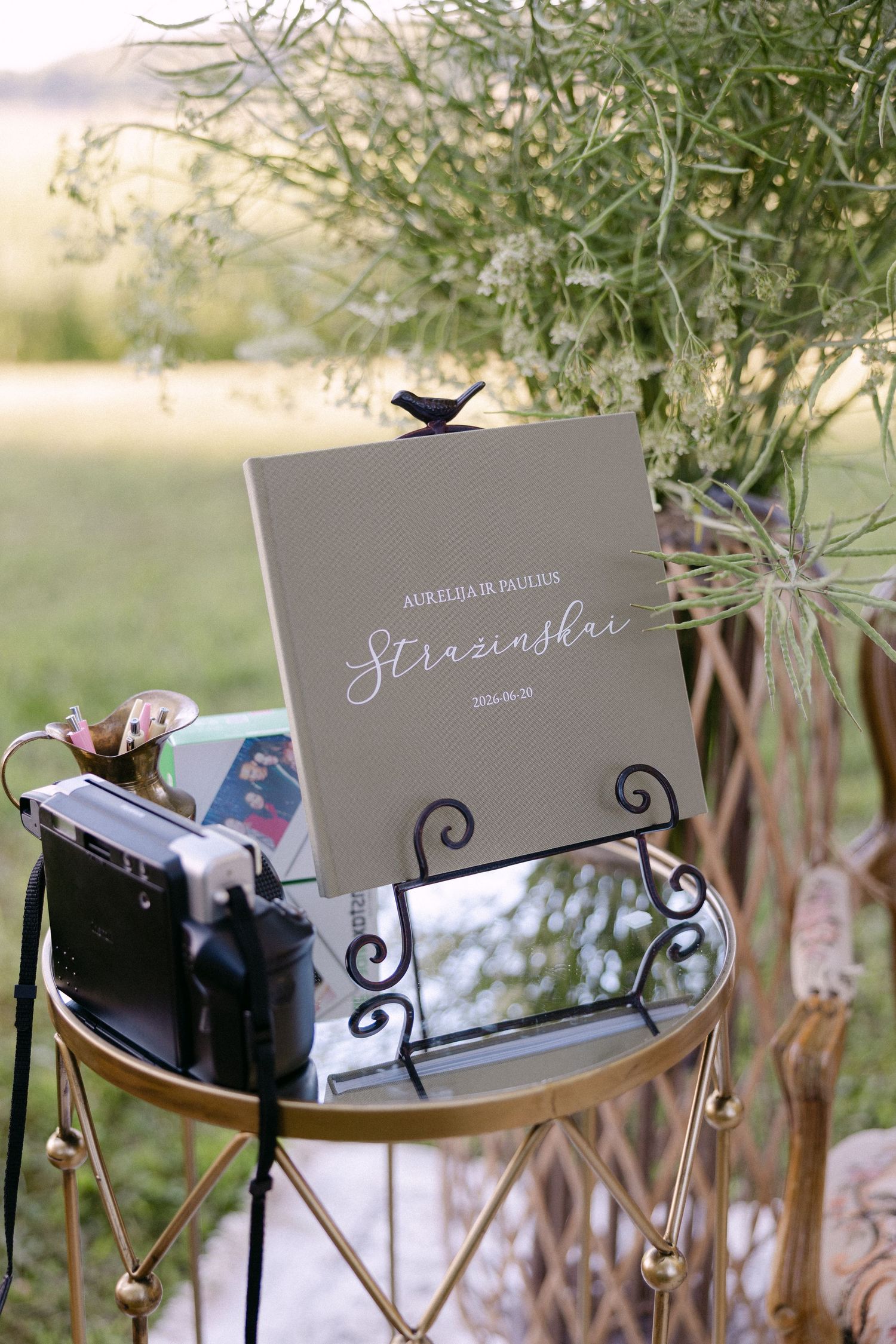 Elegant wedding welcome sign on a gold easel with Strazinskai surname in white script, beside greenery outdoors.