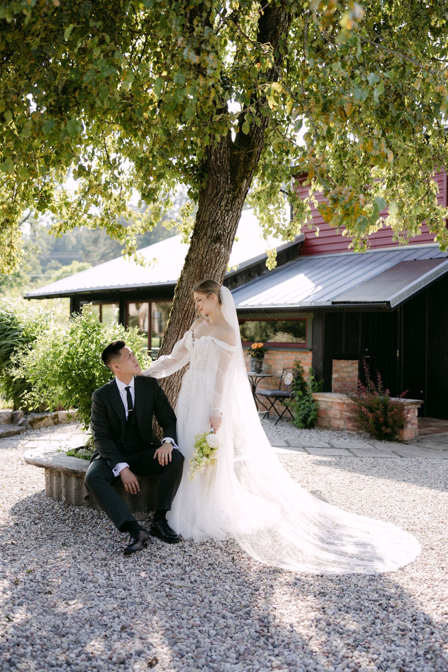 Bride and groom share romantic moment under large tree at wedding venue.