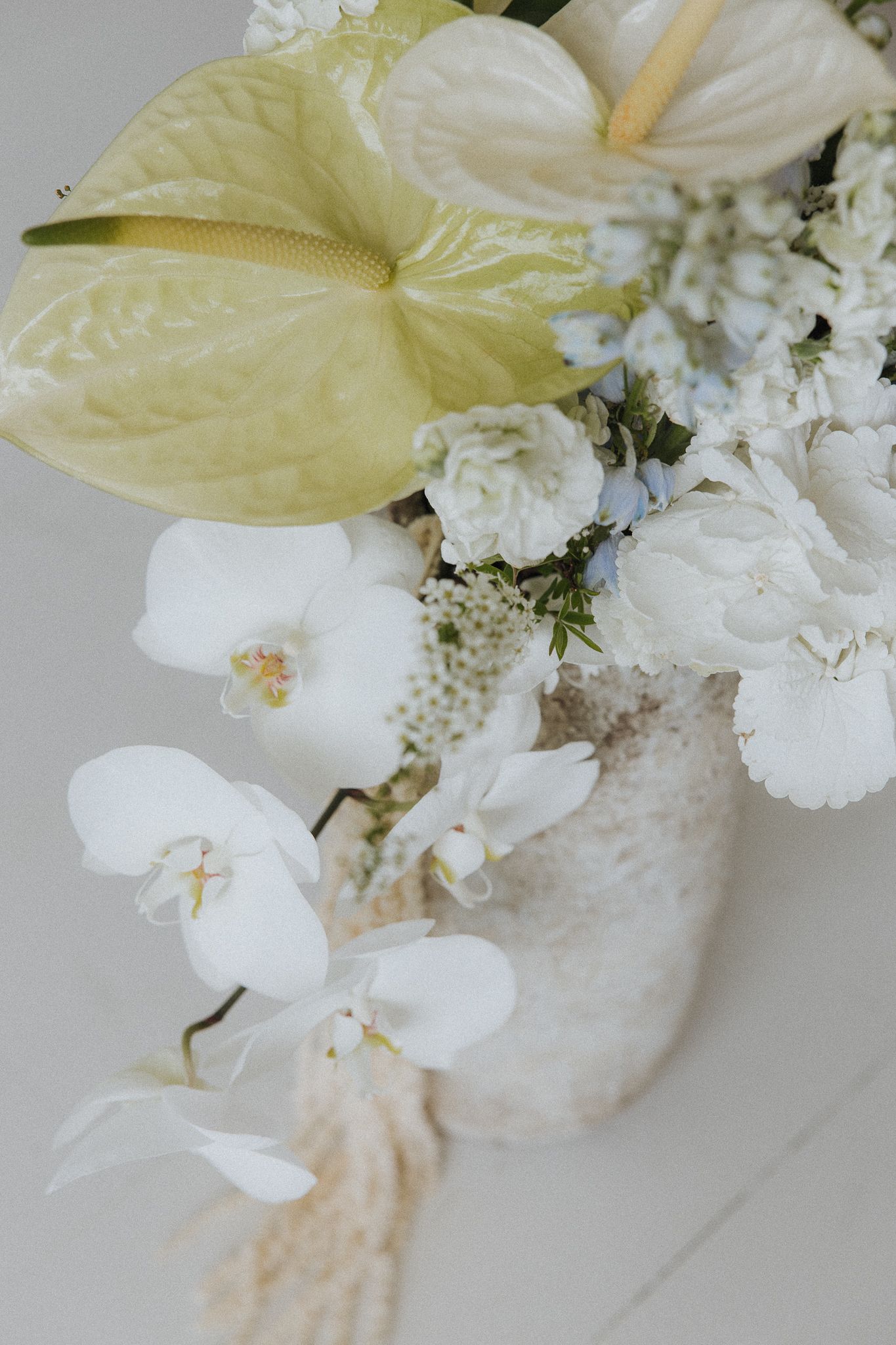 White orchids and anthurium flowers arranged with delicate greenery against a light marble background.