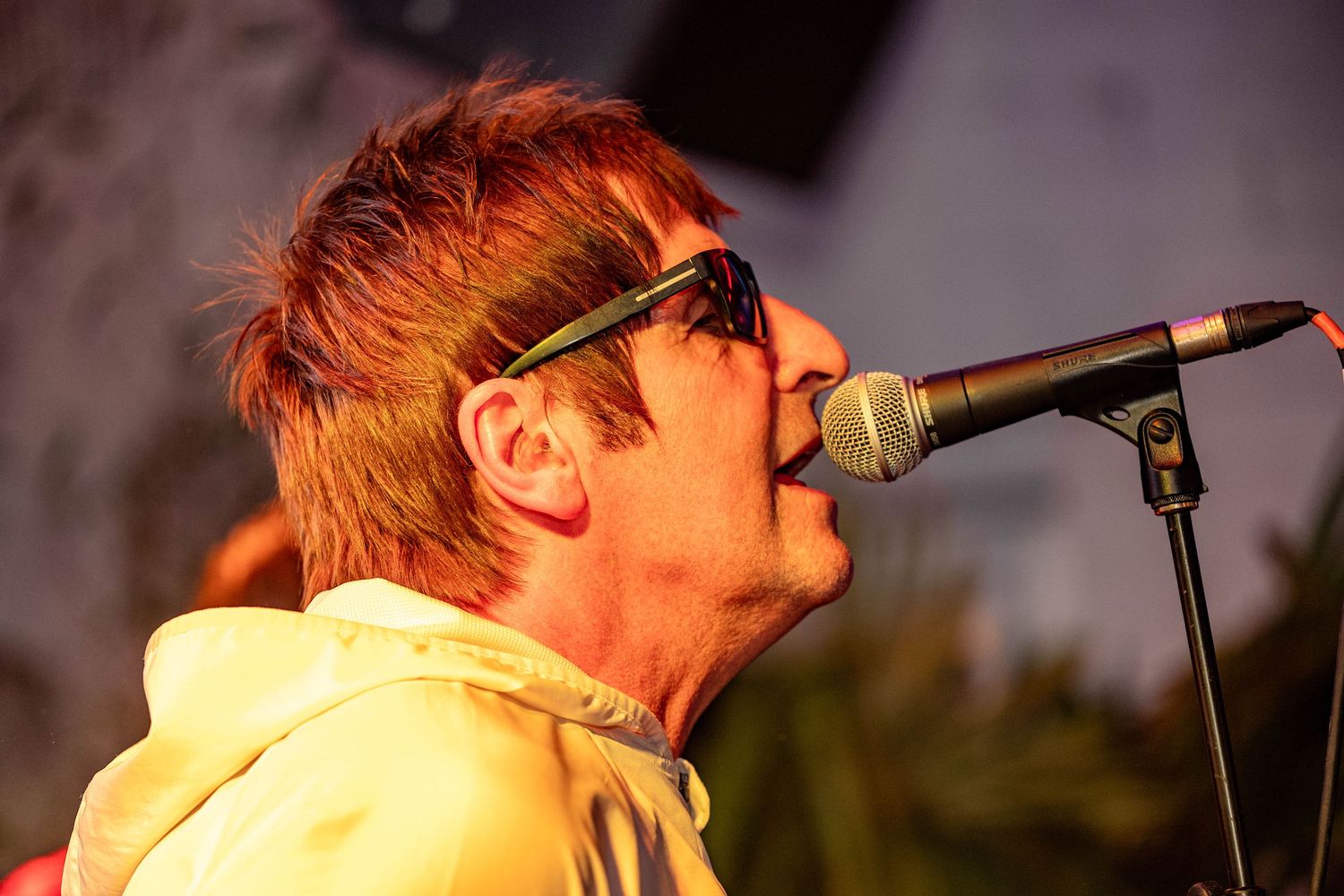 A musician performing on stage with dramatic lighting effects.
