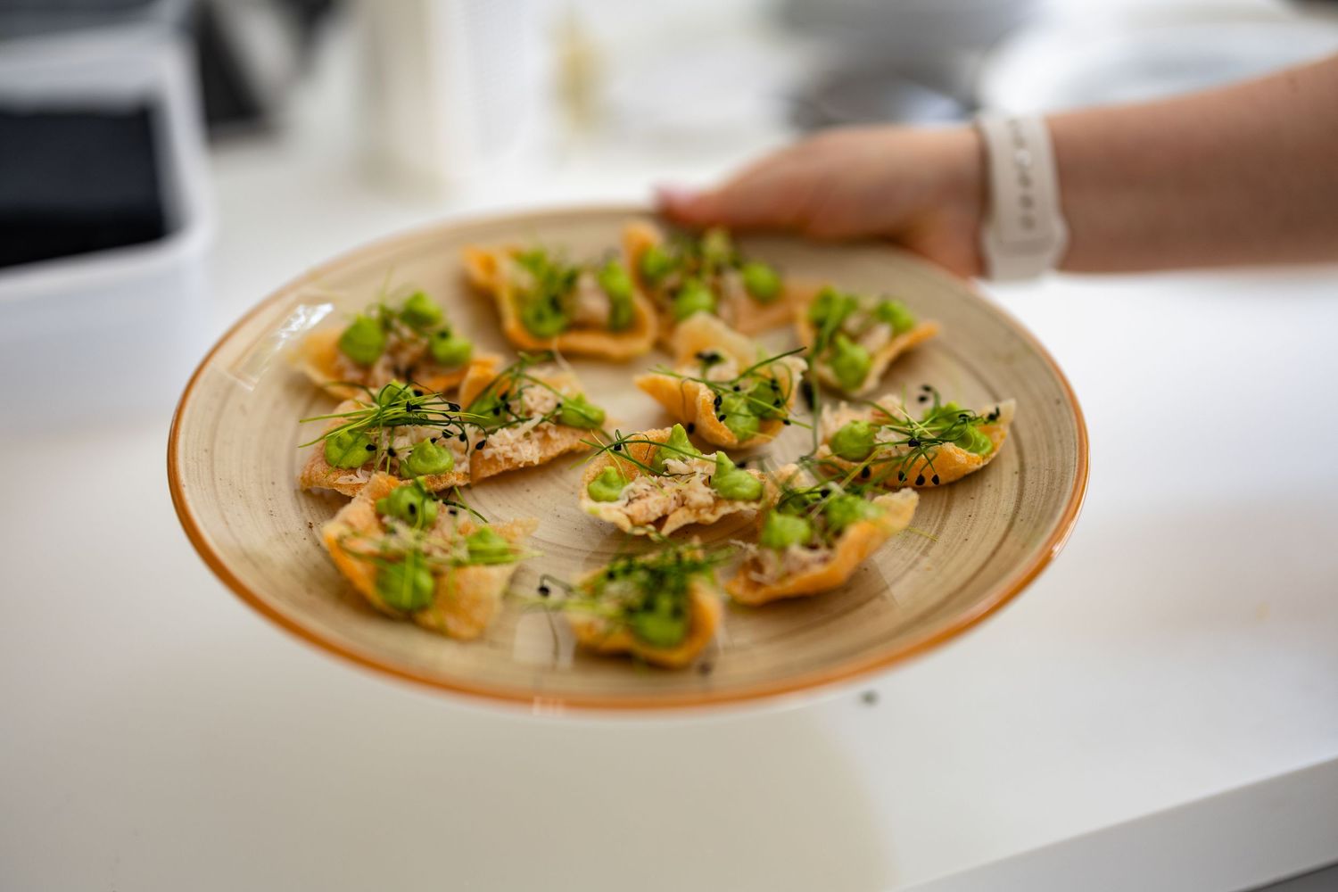 Plated appetizers featuring delicate bites garnished with fresh herbs and microgreens on light colored dishes.