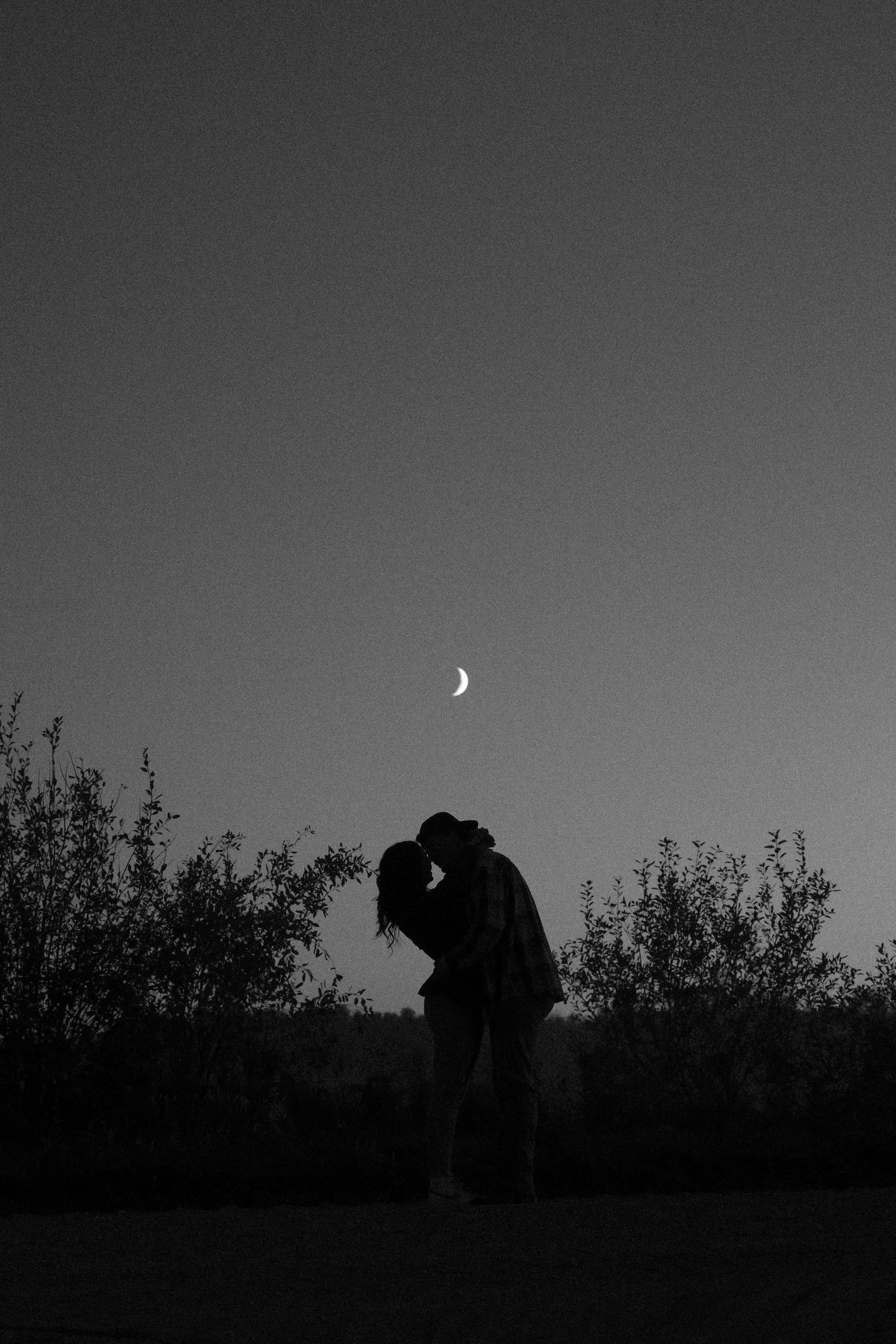 Silhouettes of a couple against a night sky with a crescent moon visible.