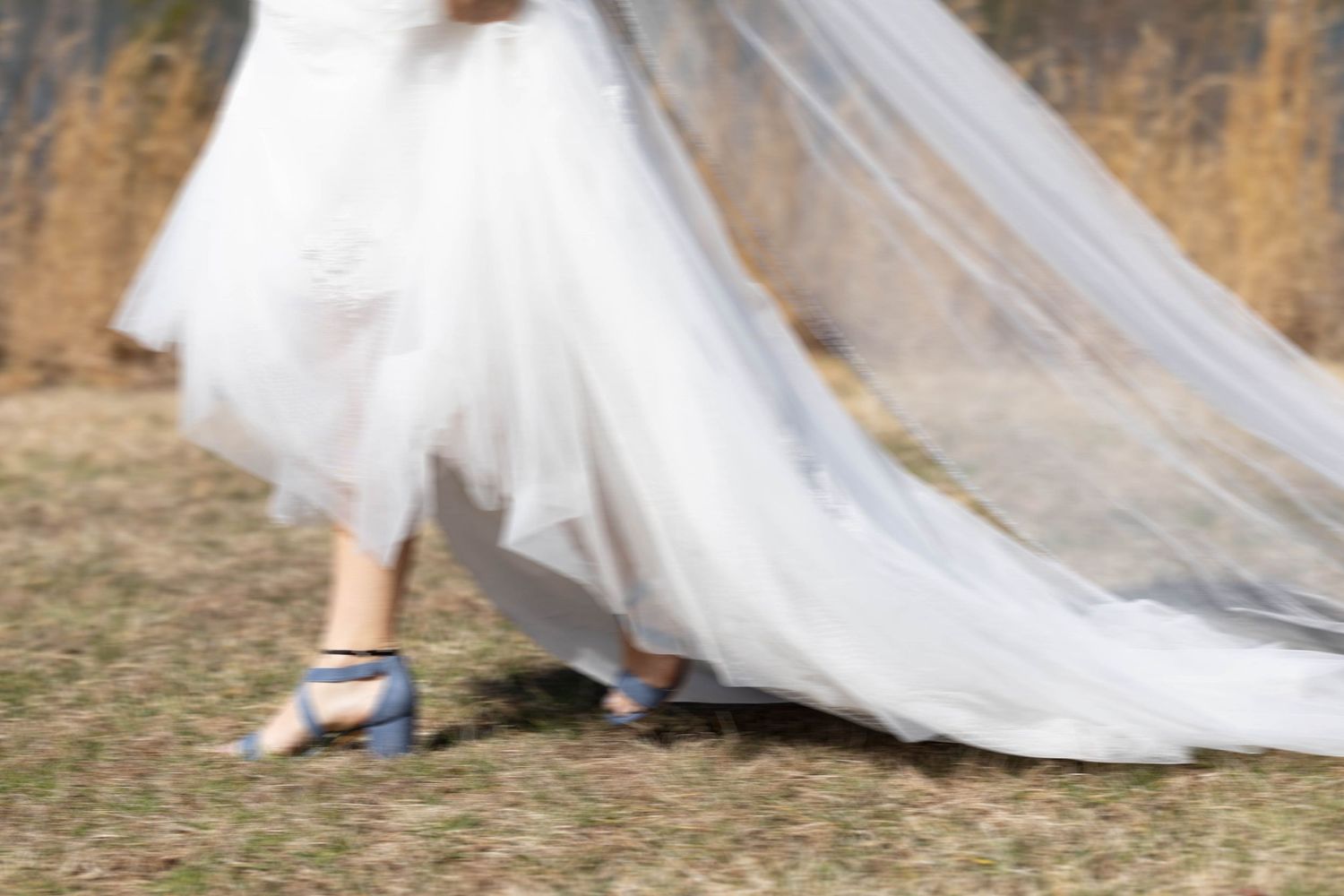 A flowing white wedding dress train trails across natural terrain.